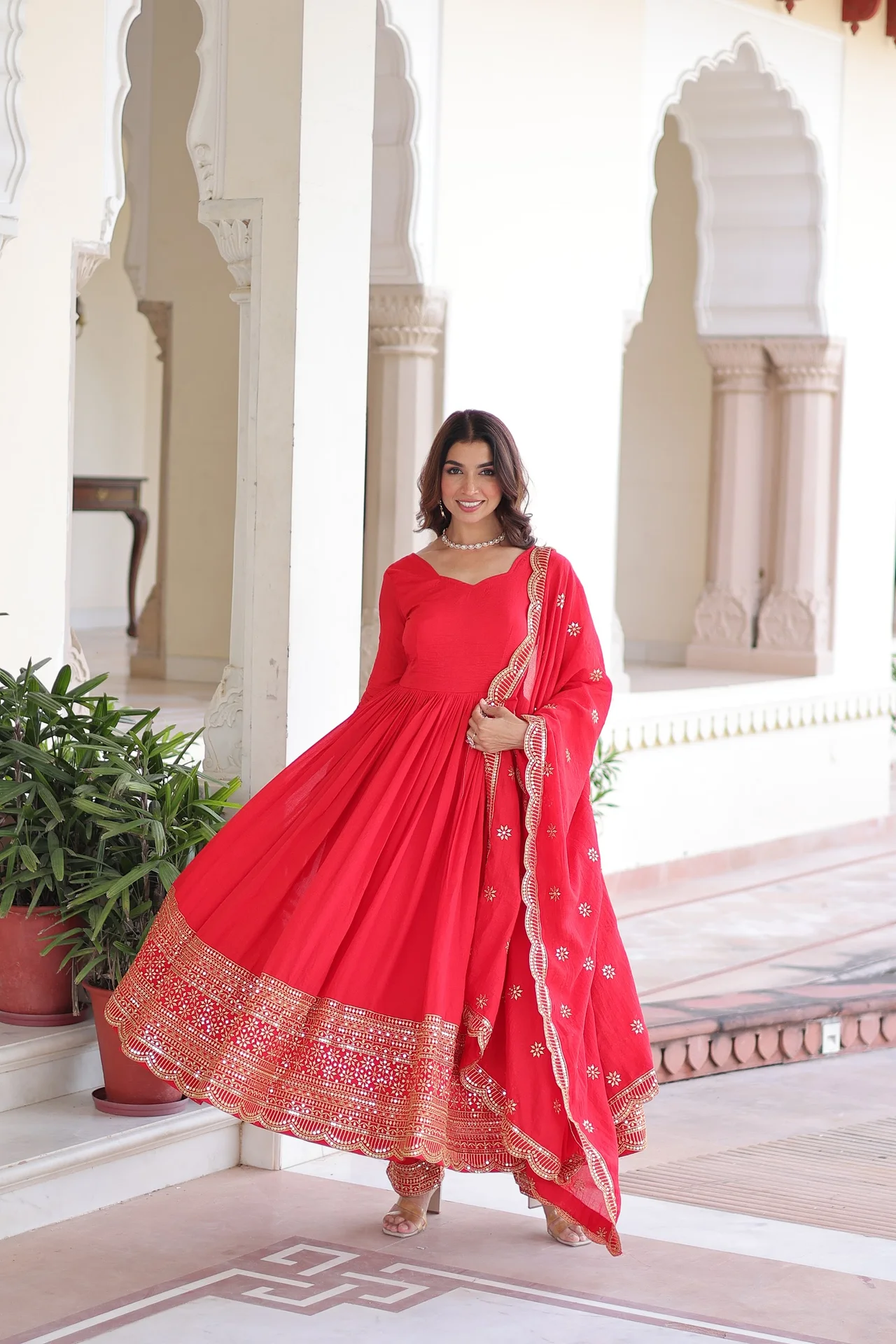 Women's Vichitra Silk Anarkali Gown Set with Pant & Dupatta in Red — photo 5 of 7
