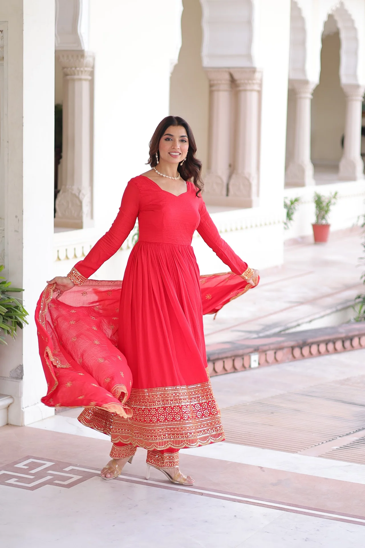 Women's Vichitra Silk Anarkali Gown Set with Pant & Dupatta in Red — photo 6 of 7