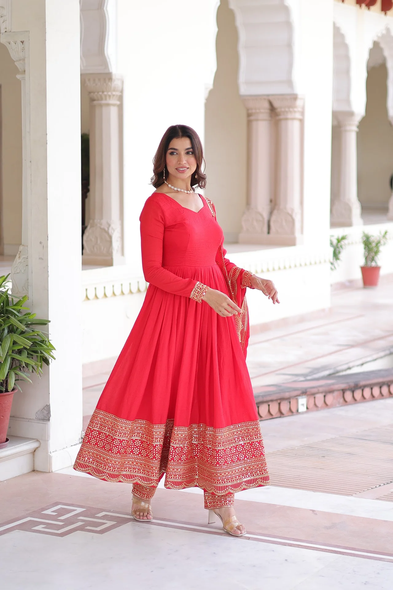 Women's Vichitra Silk Anarkali Gown Set with Pant & Dupatta in Red — photo 7 of 7