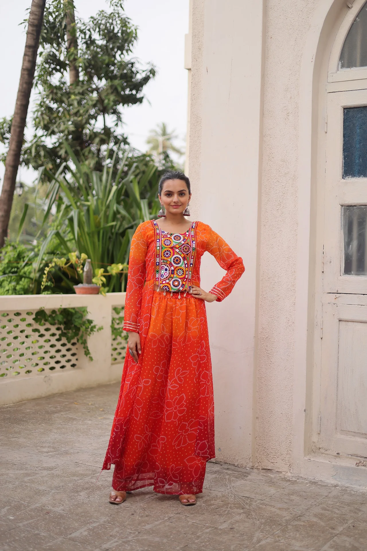 Women's Bandhani Print Kurta Set with Kutchi Gamthi Patchwork in Orange — photo 2 of 6
