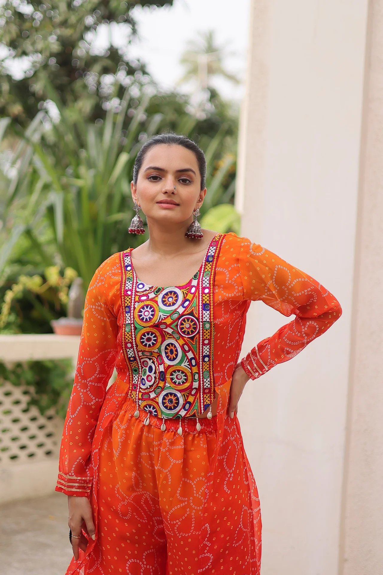 Women's Bandhani Print Kurta Set with Kutchi Gamthi Patchwork in Orange — photo 3 of 6