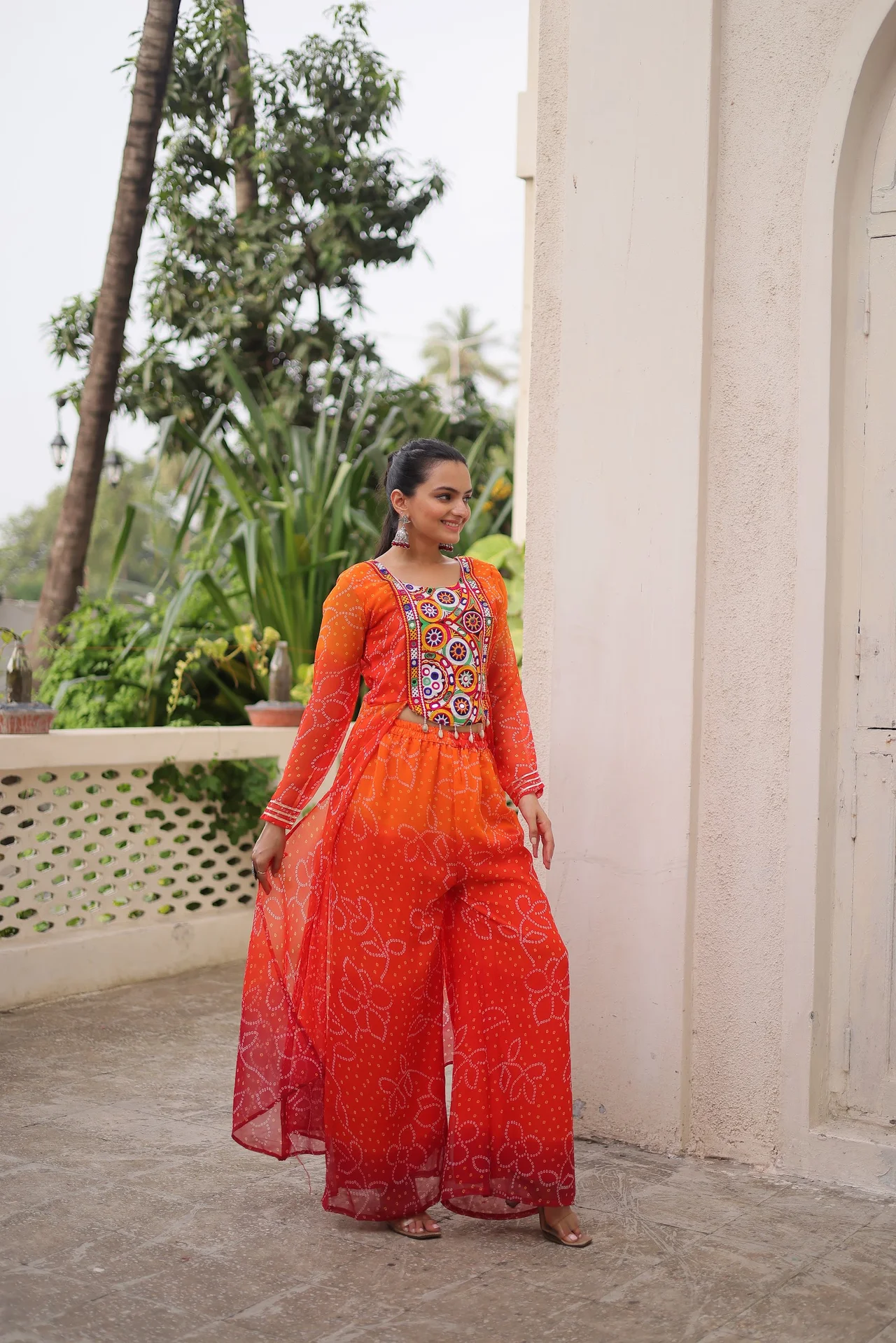 Women's Bandhani Print Kurta Set with Kutchi Gamthi Patchwork in Orange — photo 6 of 6
