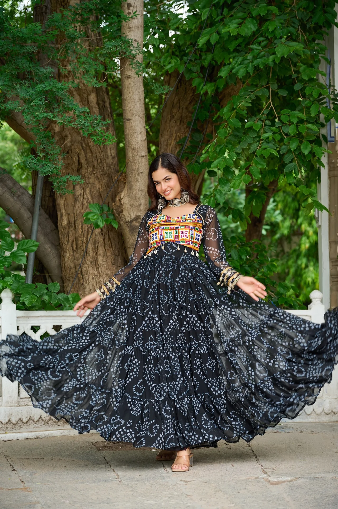 Women's Faux Georgette Bandhani Print Gown with Kutchi Patchwork in Black — photo 3 of 6