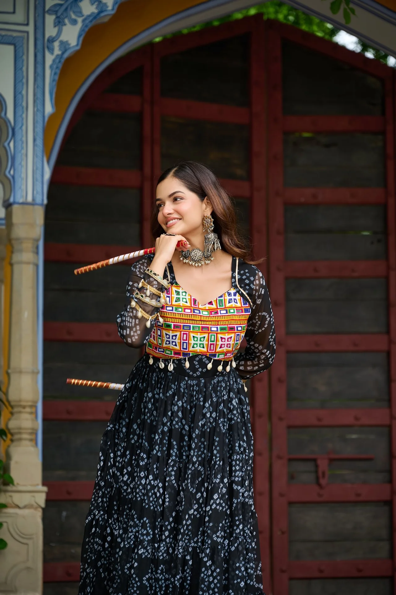 Women's Faux Georgette Bandhani Print Gown with Kutchi Patchwork in Black — photo 4 of 6