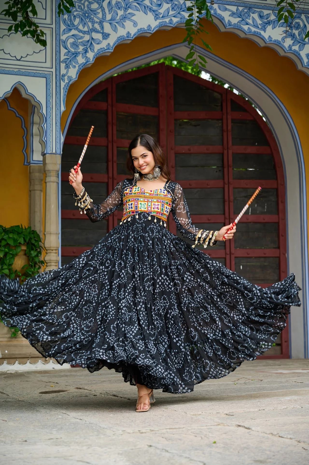 Women's Faux Georgette Bandhani Print Gown with Kutchi Patchwork in Black — photo 5 of 6