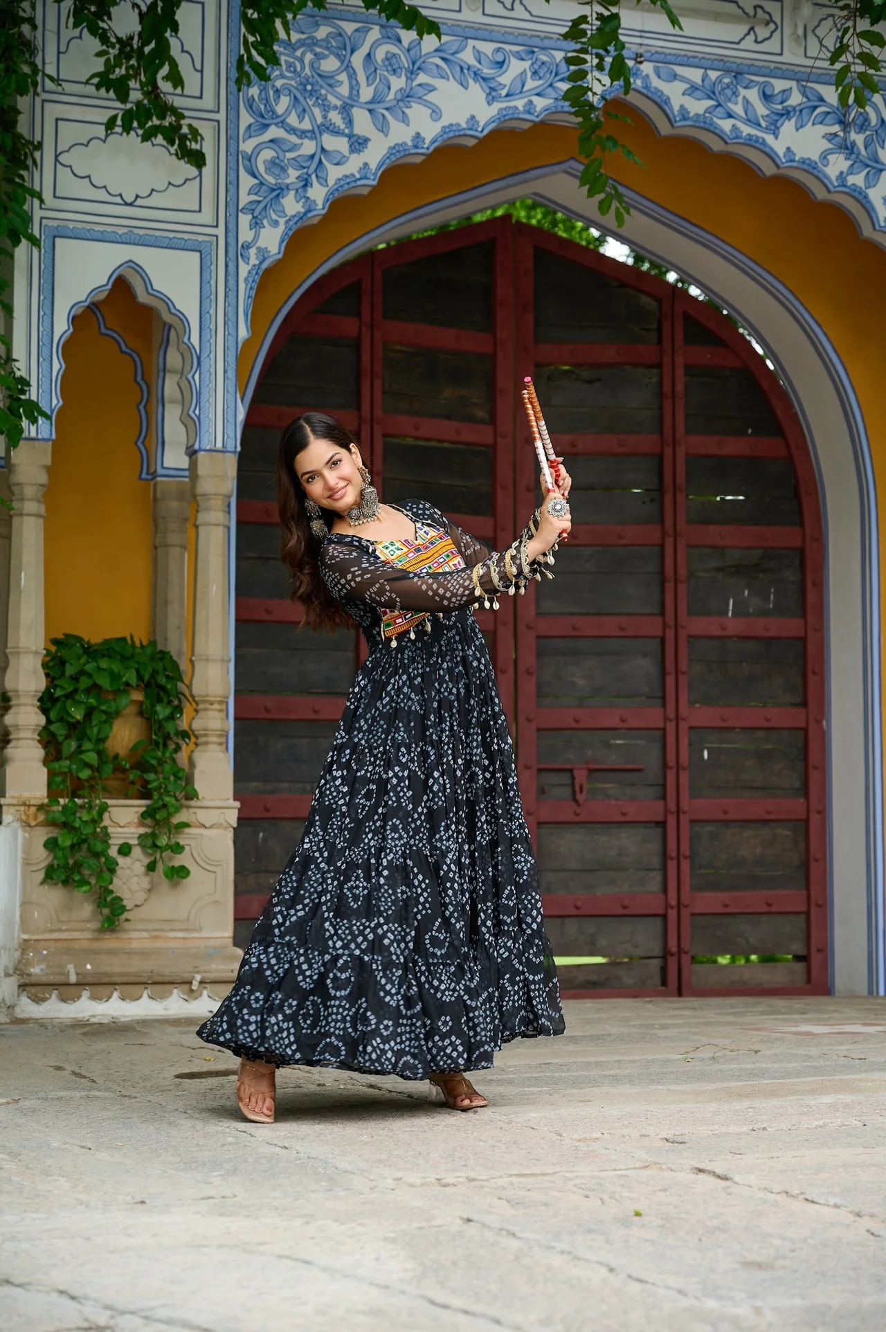 Women's Faux Georgette Bandhani Print Gown with Kutchi Patchwork in Black — photo 6 of 6