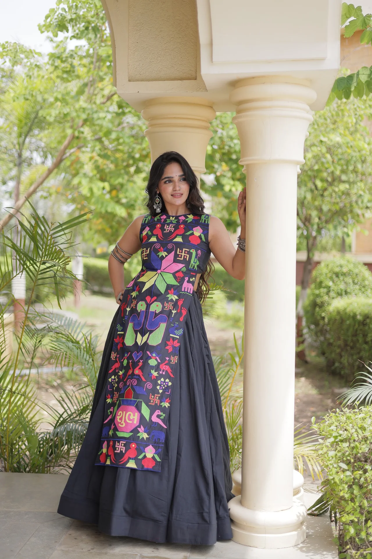 Women's Cotton Lehenga Choli with Long Embroidered Choli in Black — photo 2 of 7
