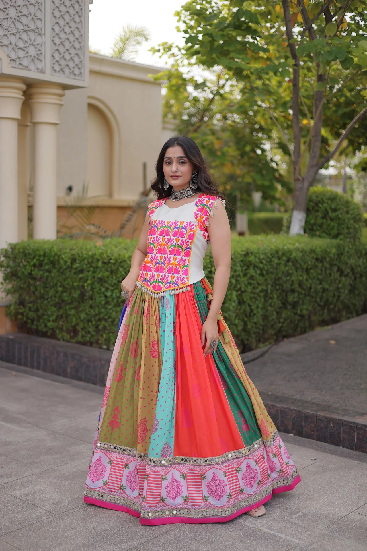 Women's Cotton Printed Lehenga Choli with Kutchi Embroidered Blouse in Multicolour — photo 4 of 8