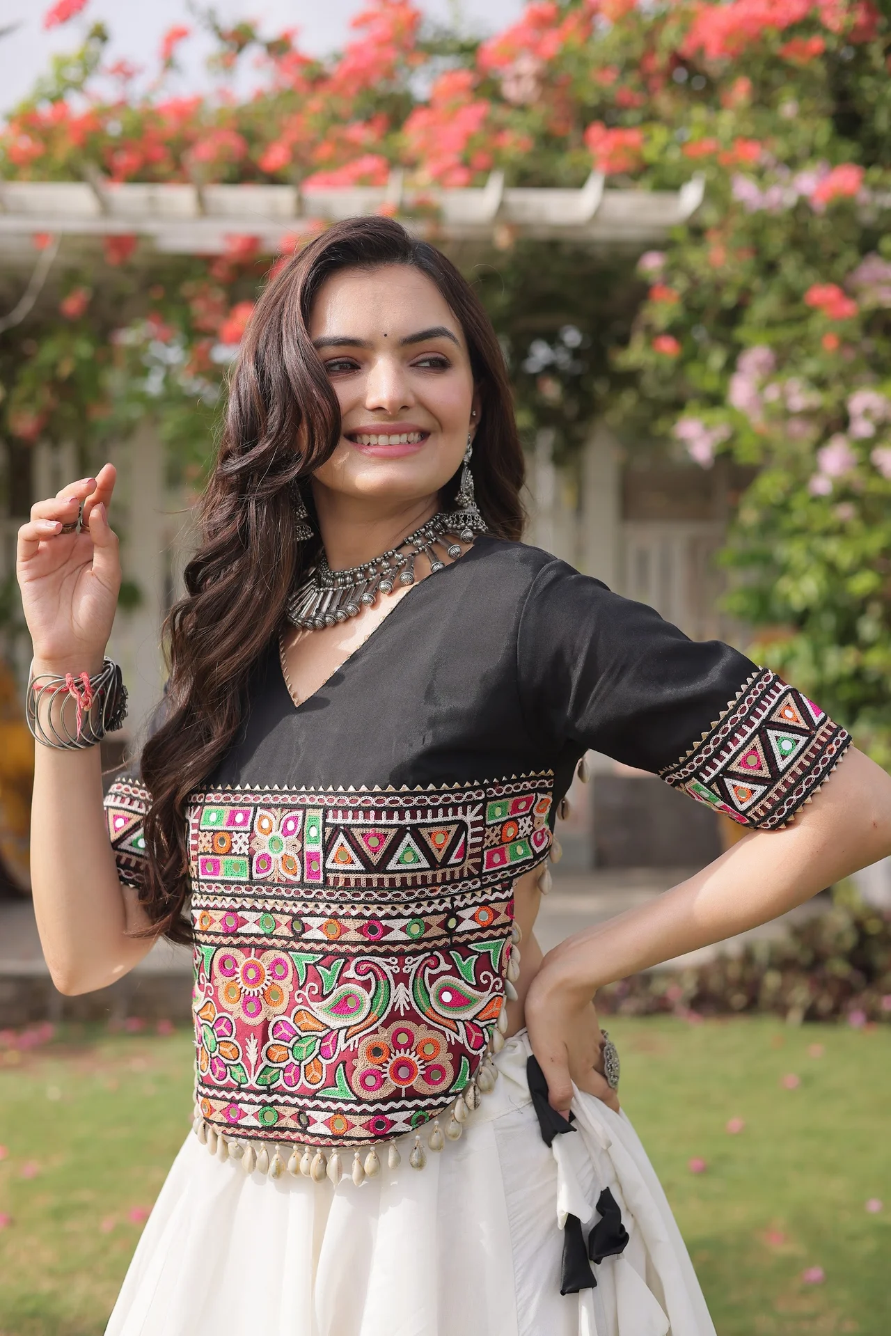 Women's Roman Fabric Navratri Lehenga Choli with Stitched Top in Maroon — photo 4 of 7