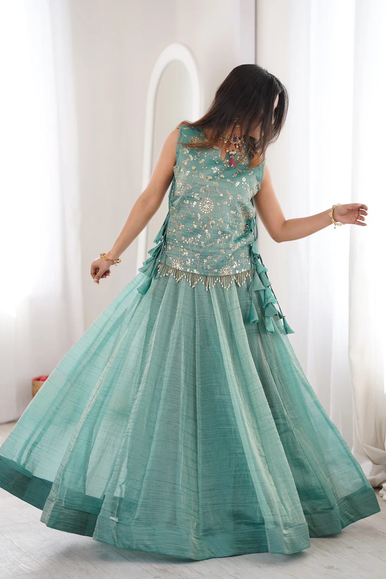 Women's Salsa Crush Lehenga Choli with Embroidered Koti in Sea Green — photo 2 of 6