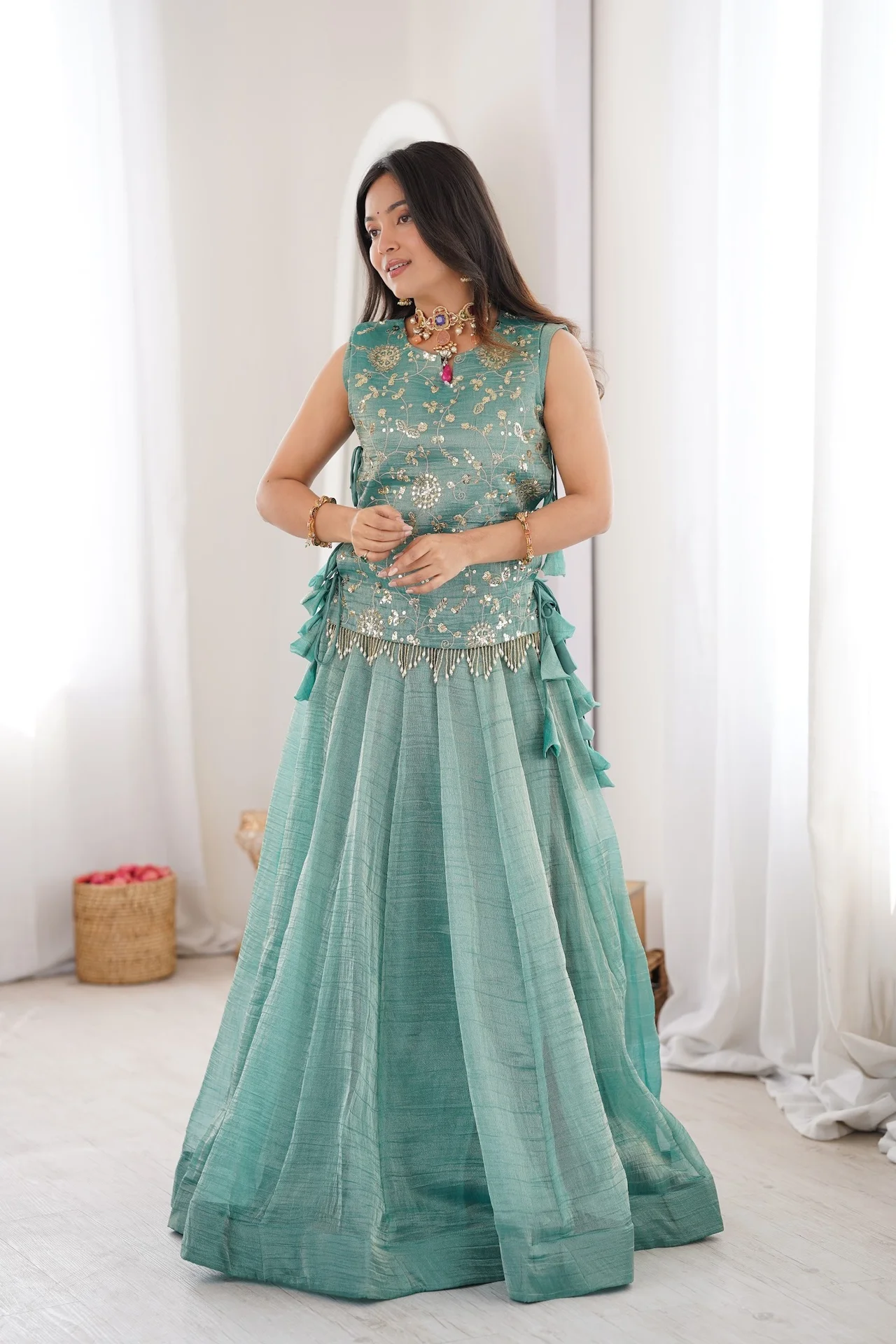 Women's Salsa Crush Lehenga Choli with Embroidered Koti in Sea Green — photo 5 of 6