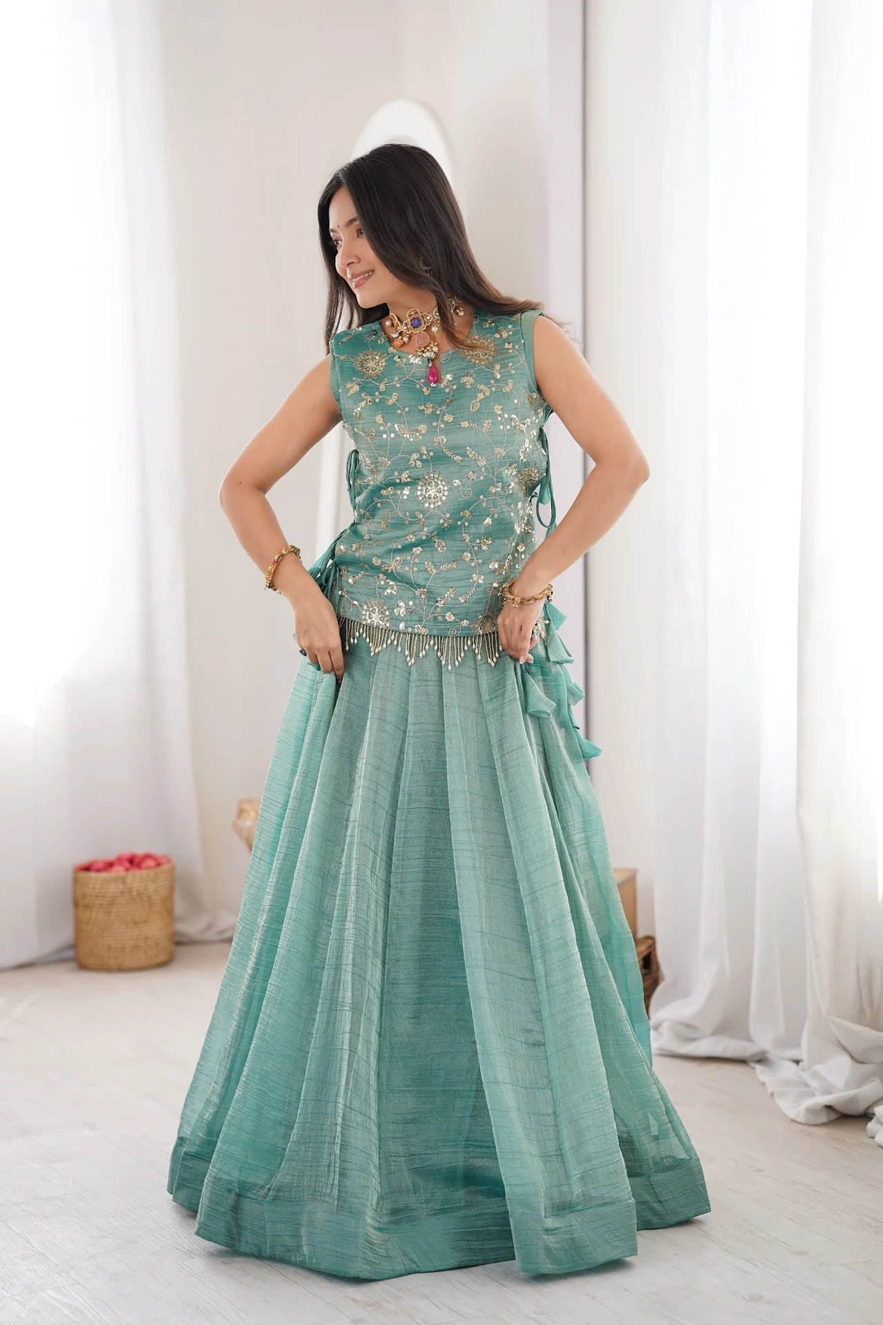 Women's Salsa Crush Lehenga Choli with Embroidered Koti in Sea Green — photo 6 of 6