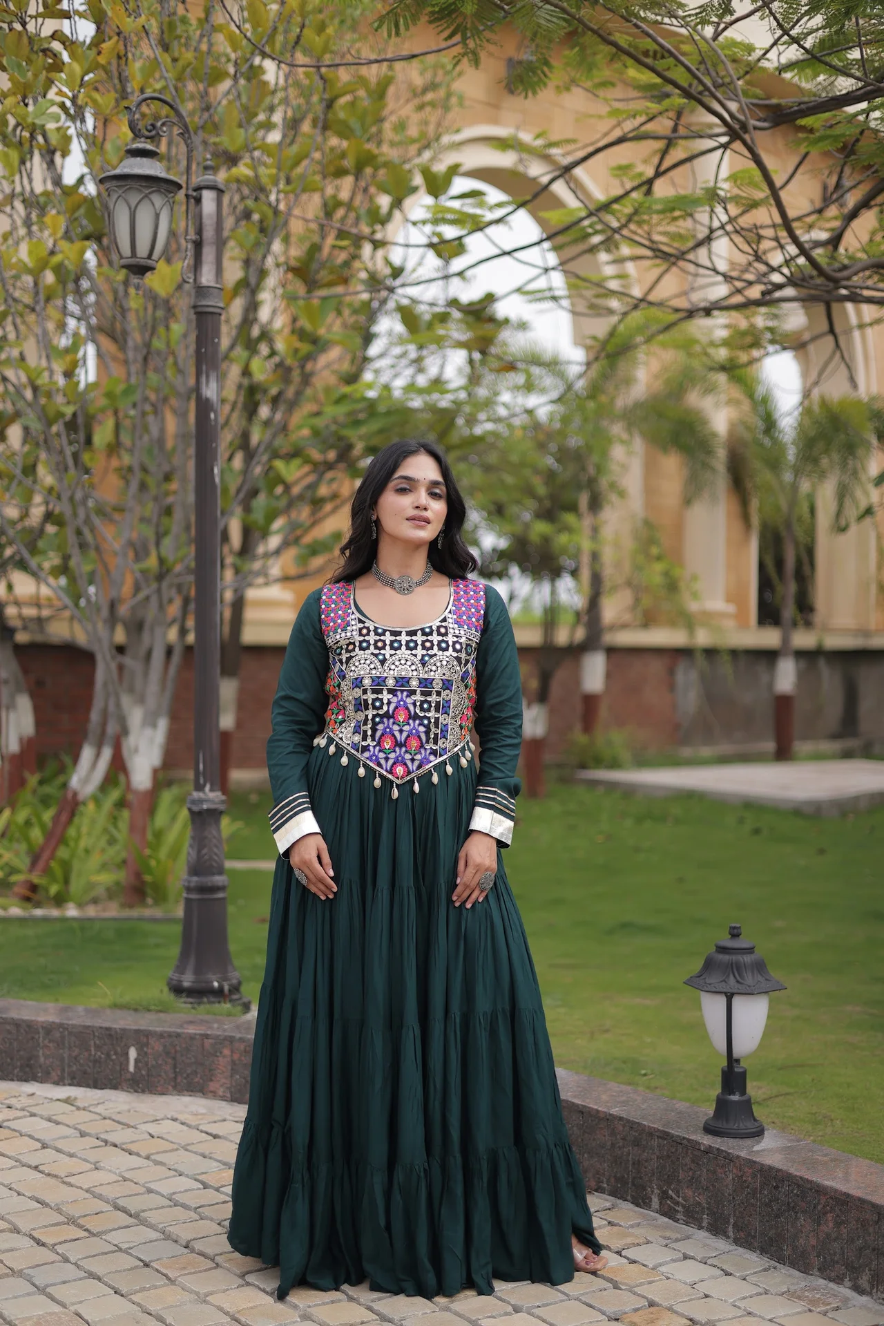 Women's Rayon Flared Gown with Embroidered Blouse in Bottle Green — photo 2 of 7