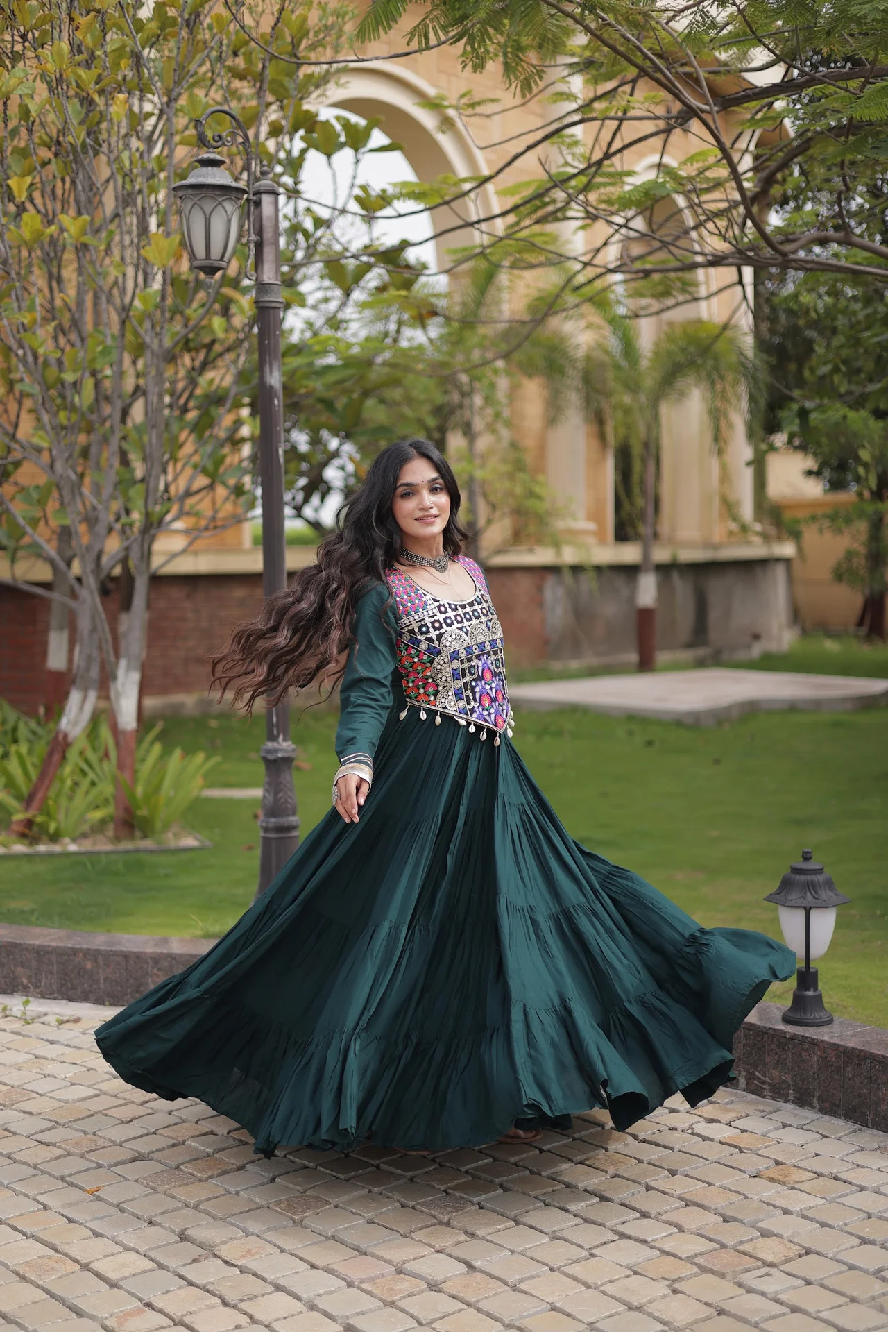 Women's Rayon Flared Gown with Embroidered Blouse in Bottle Green — photo 3 of 7