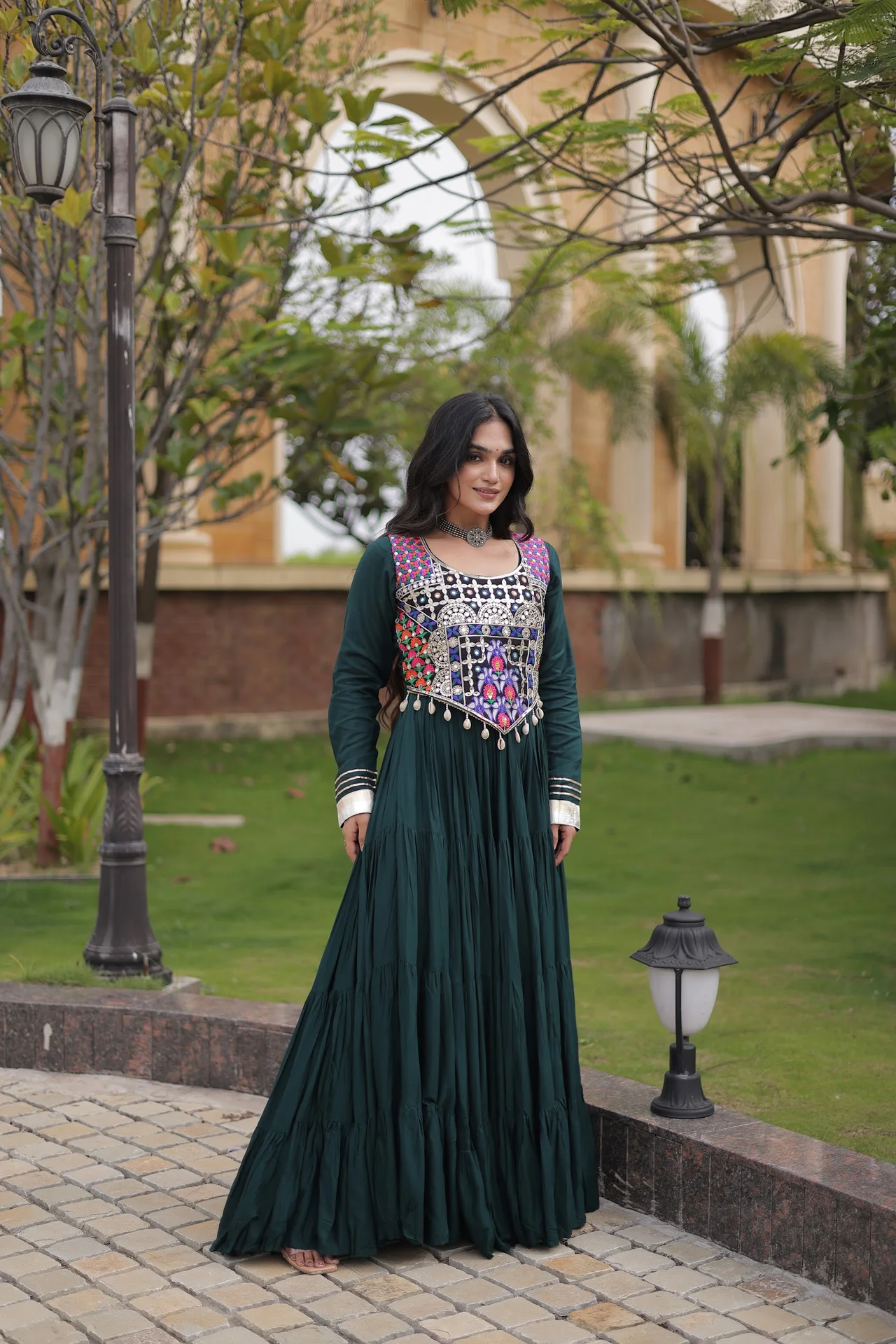 Women's Rayon Flared Gown with Embroidered Blouse in Bottle Green — photo 4 of 7