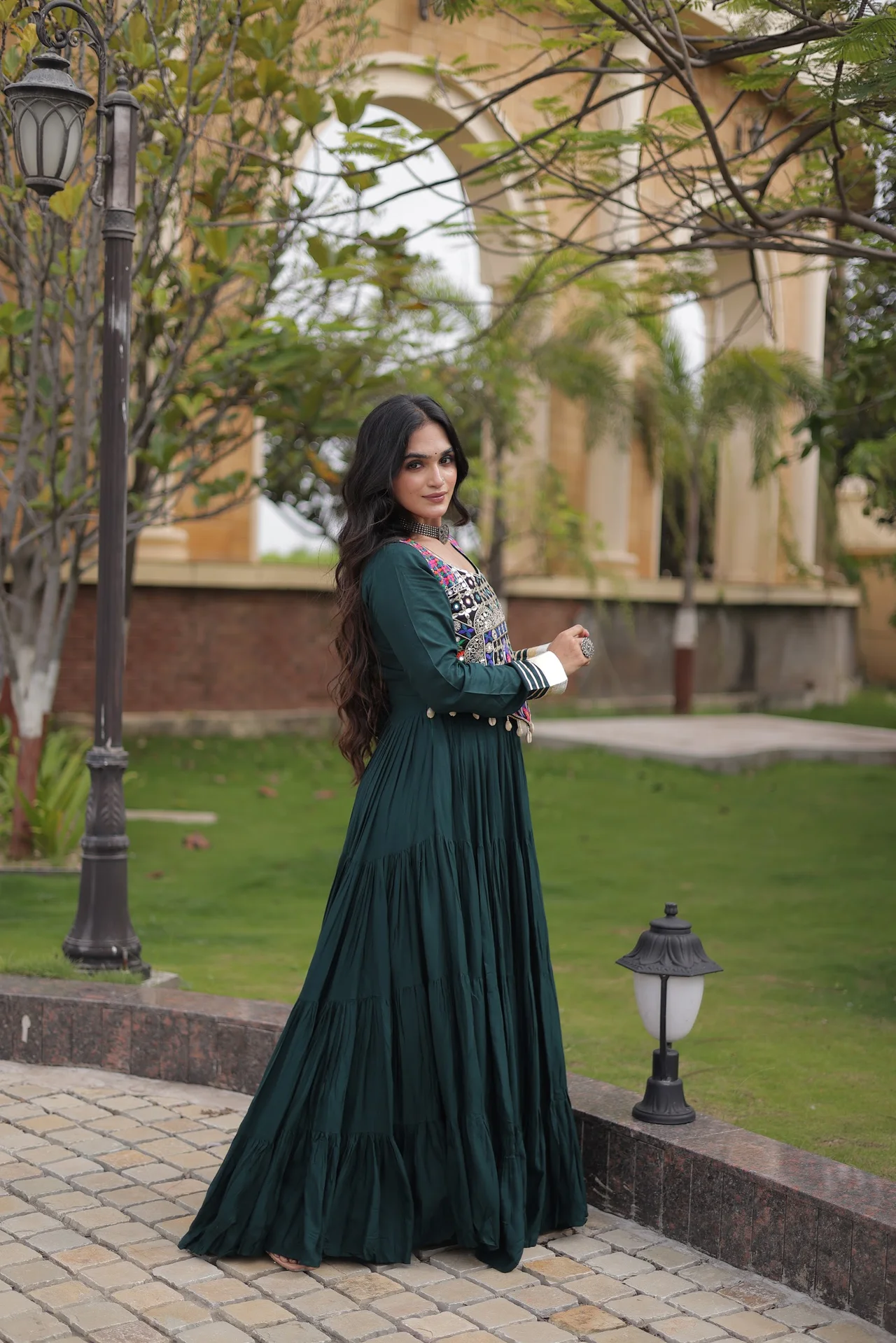 Women's Rayon Flared Gown with Embroidered Blouse in Bottle Green — photo 5 of 7