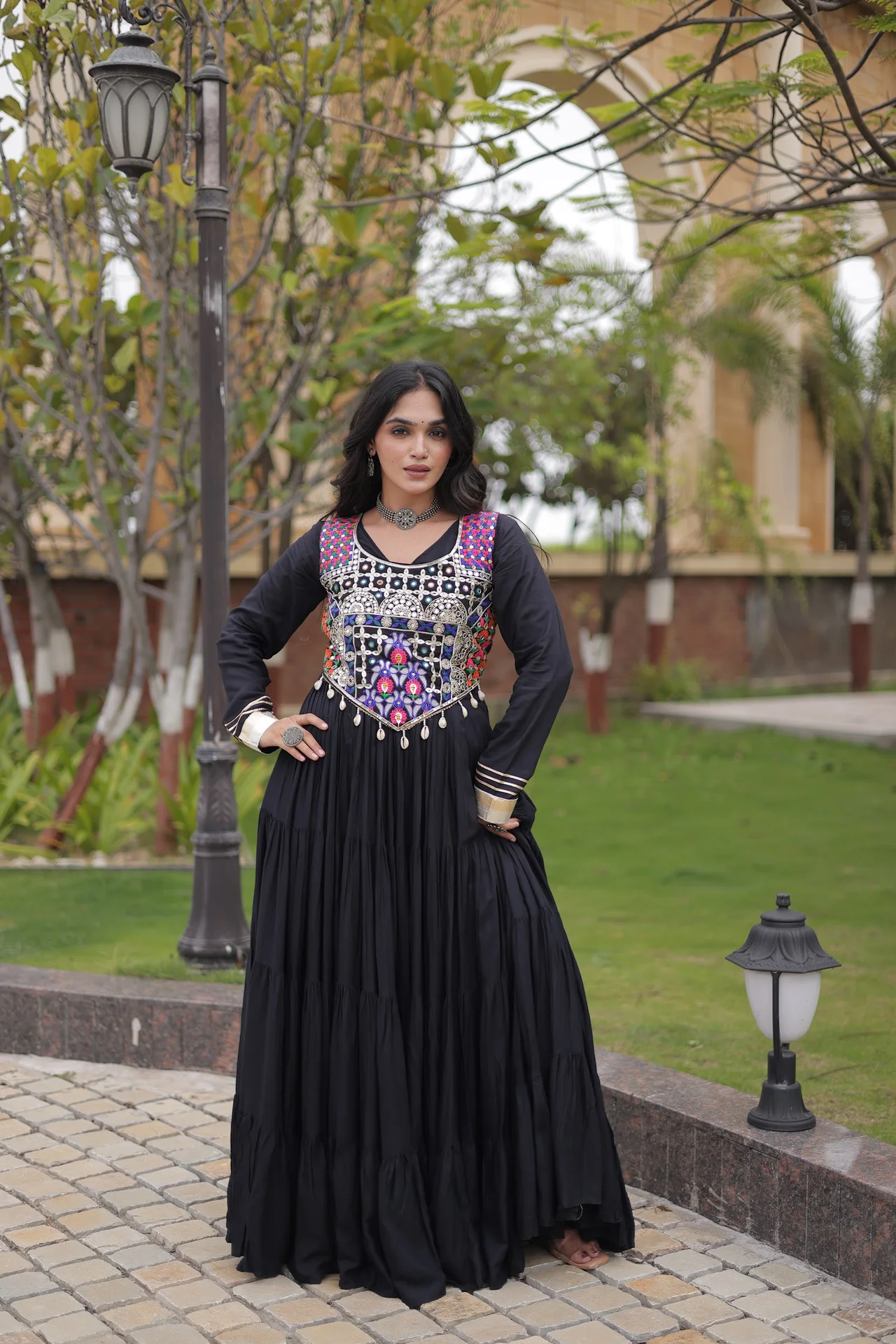 Women's Rayon Flared Gown with Embroidered Blouse in Bottle Green — photo 7 of 7