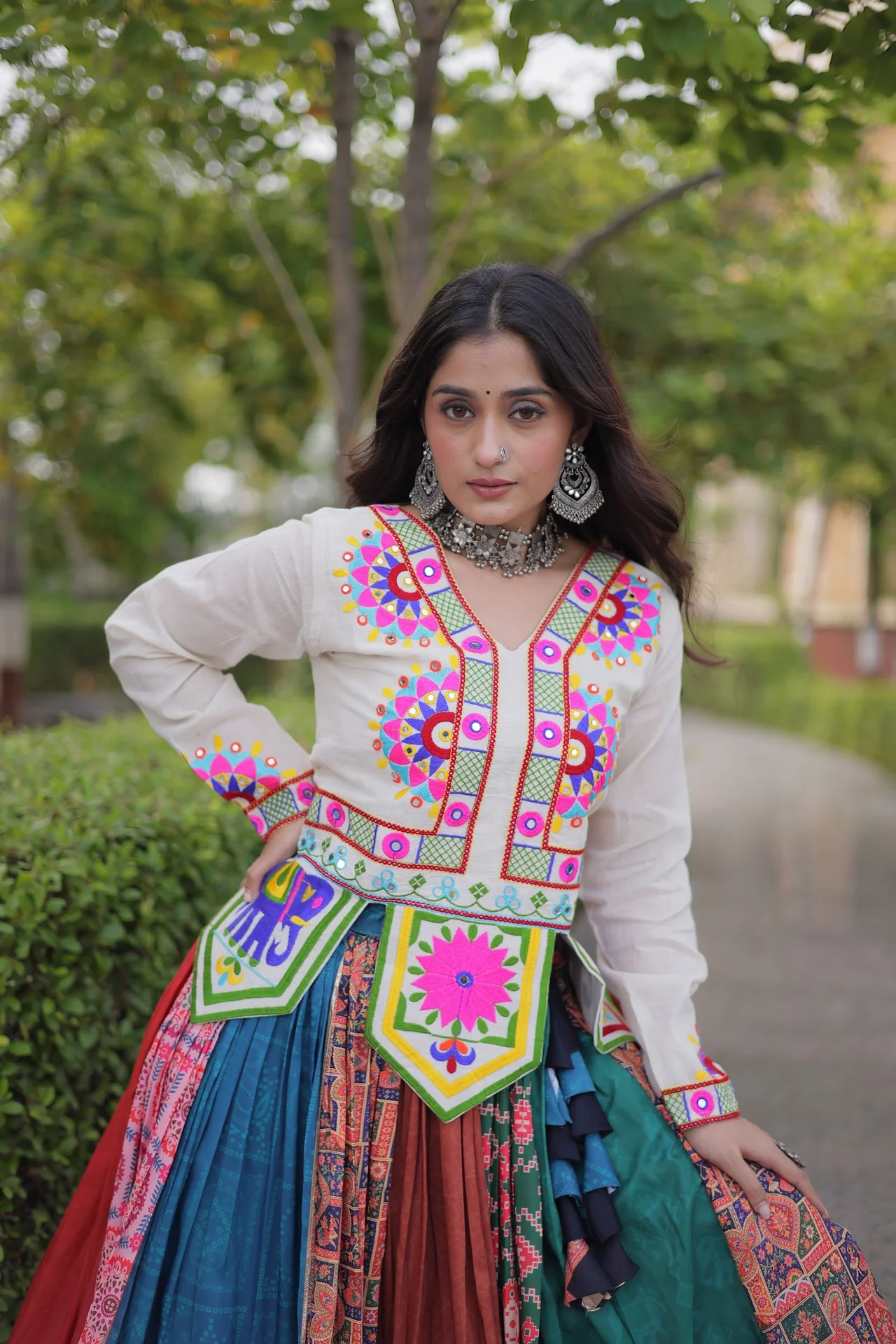 Women's Cotton Printed Lehenga Choli with Kutchi Embroidered Top in Multicolour — photo 3 of 10