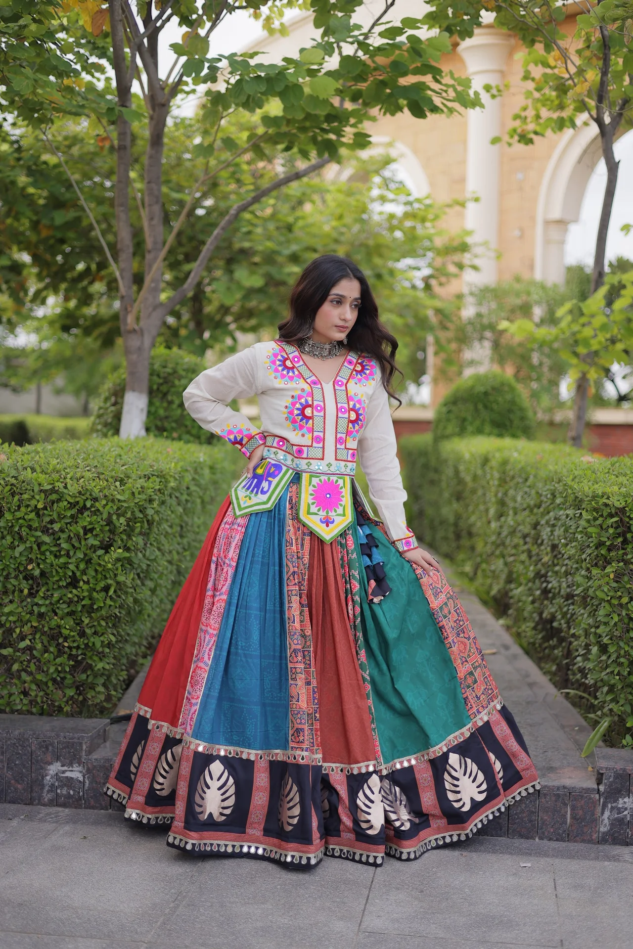 Women's Cotton Printed Lehenga Choli with Kutchi Embroidered Top in Multicolour — photo 4 of 10