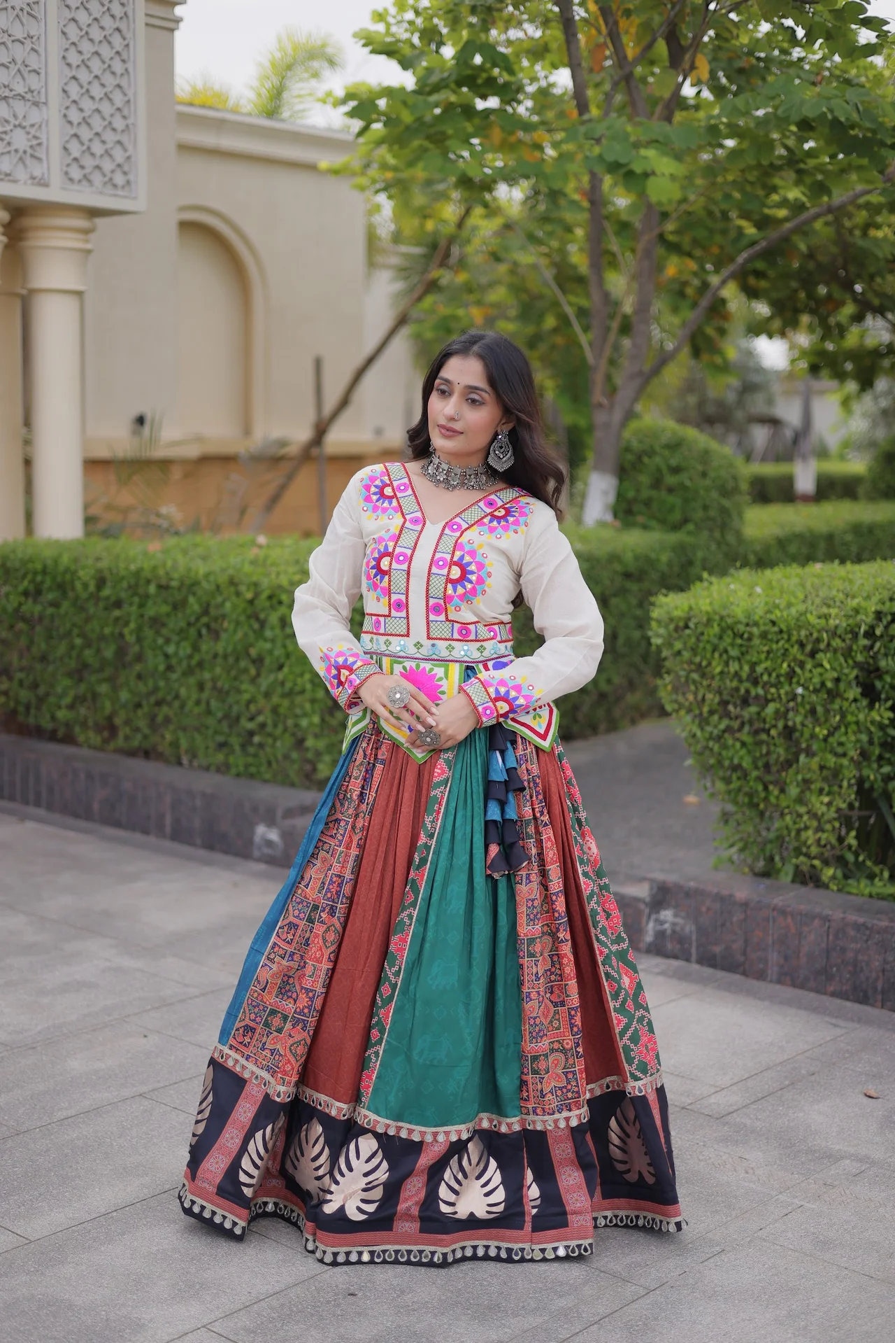 Women's Cotton Printed Lehenga Choli with Kutchi Embroidered Top in Multicolour — photo 5 of 10