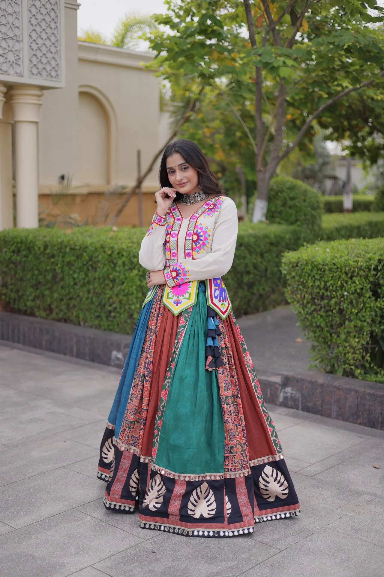 Women's Cotton Printed Lehenga Choli with Kutchi Embroidered Top in Multicolour — photo 6 of 10