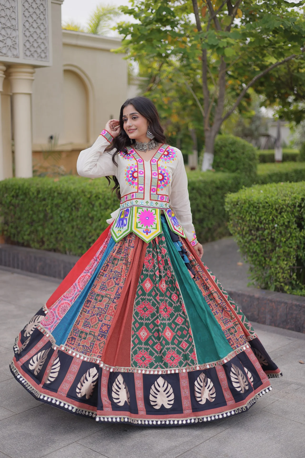 Women's Cotton Printed Lehenga Choli with Kutchi Embroidered Top in Multicolour — photo 7 of 10