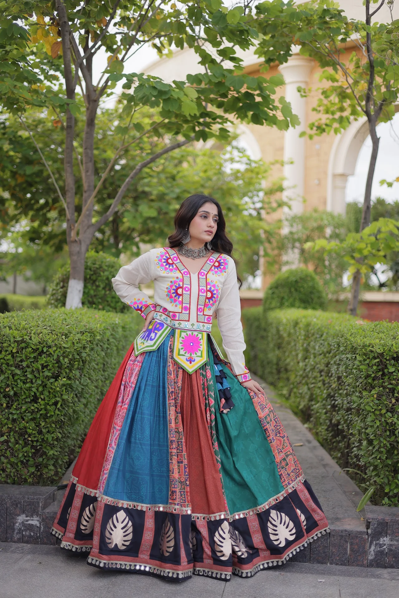 Women's Cotton Printed Lehenga Choli with Kutchi Embroidered Top in Multicolour — photo 8 of 10