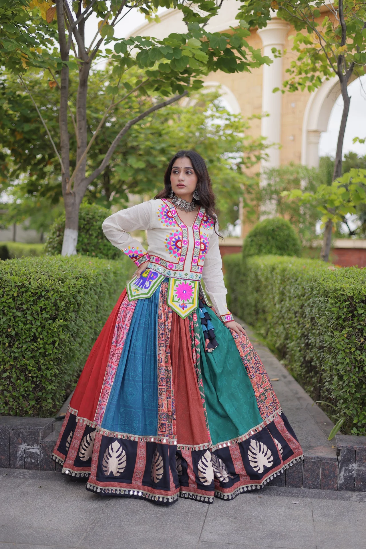 Women's Cotton Printed Lehenga Choli with Kutchi Embroidered Top in Multicolour — photo 9 of 10