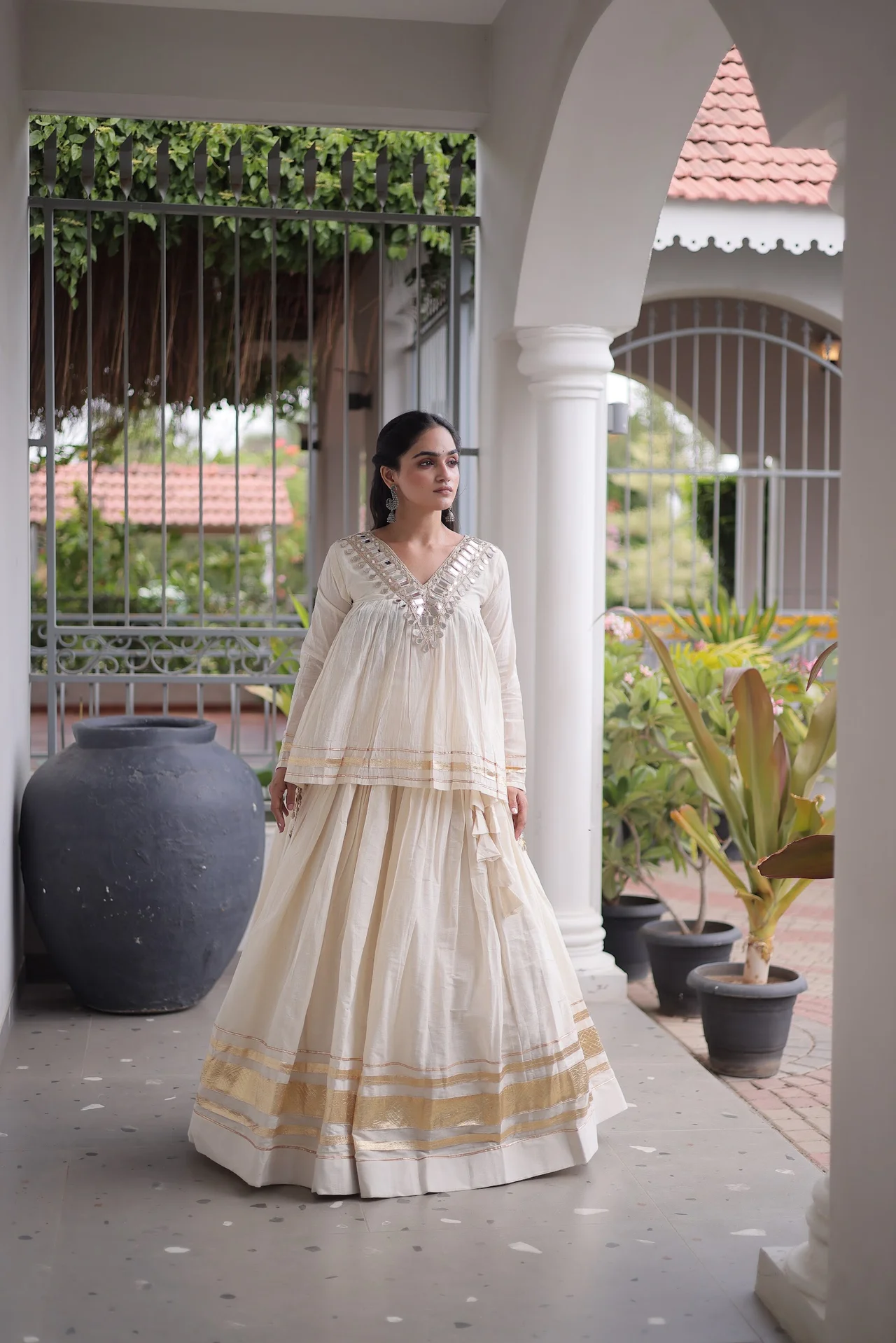 Women's Kora Cotton Lehenga Choli with Stitched Blouse in Off White — photo 2 of 7