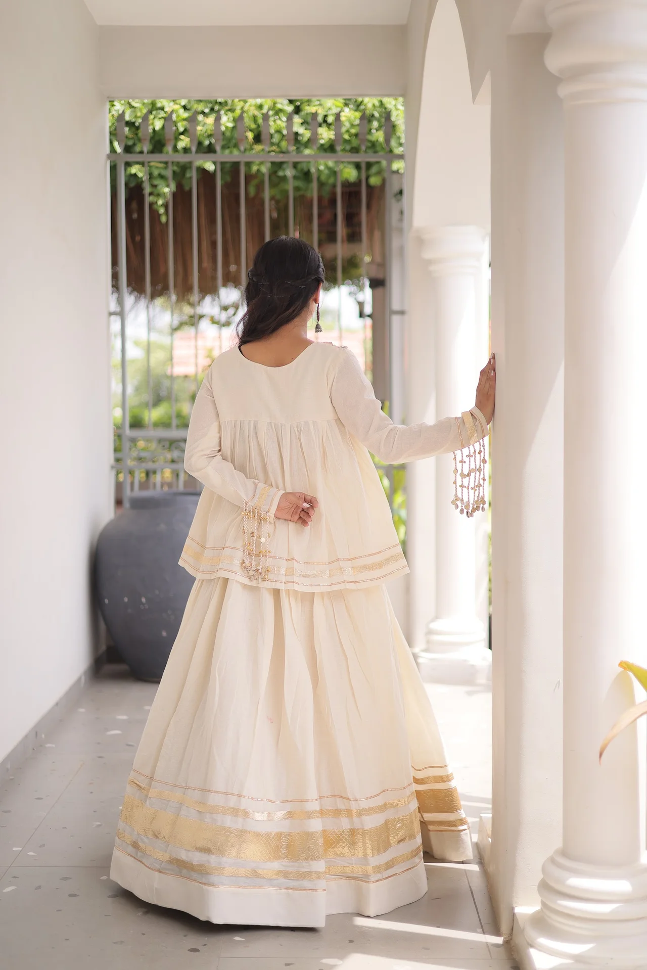 Women's Kora Cotton Lehenga Choli with Stitched Blouse in Off White — photo 4 of 7