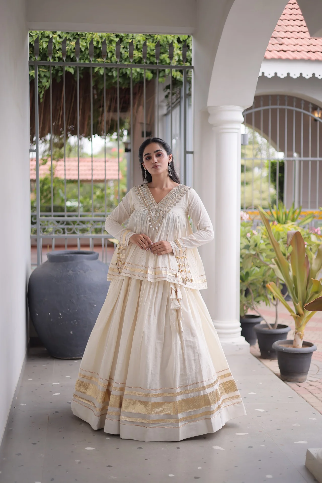 Women's Kora Cotton Lehenga Choli with Stitched Blouse in Off White — photo 6 of 7