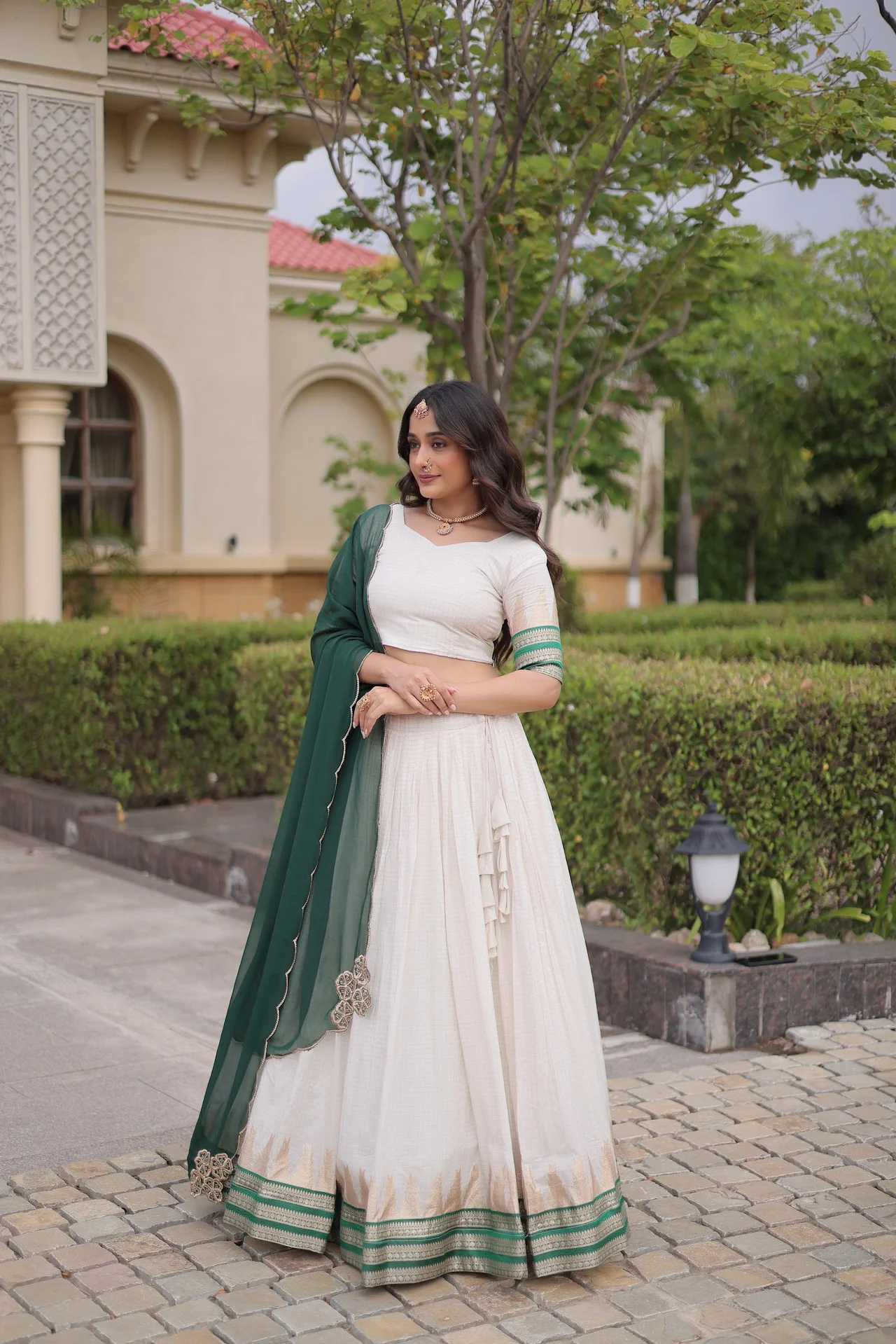 Women's Viscose Jacquard Lehenga Choli Set with Contrast Dupatta in Emerald — photo 2 of 7