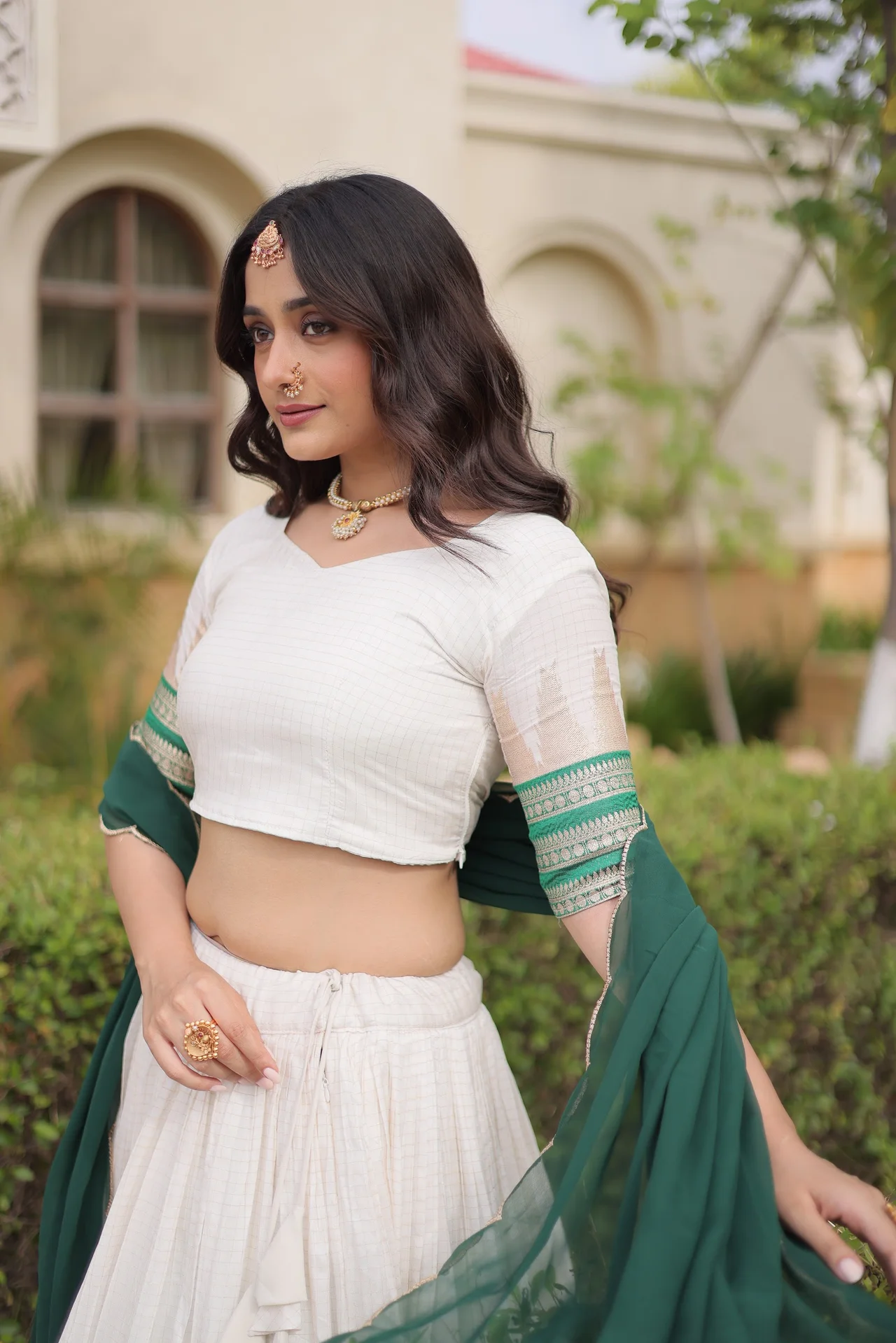 Women's Viscose Jacquard Lehenga Choli Set with Contrast Dupatta in Emerald — photo 7 of 7