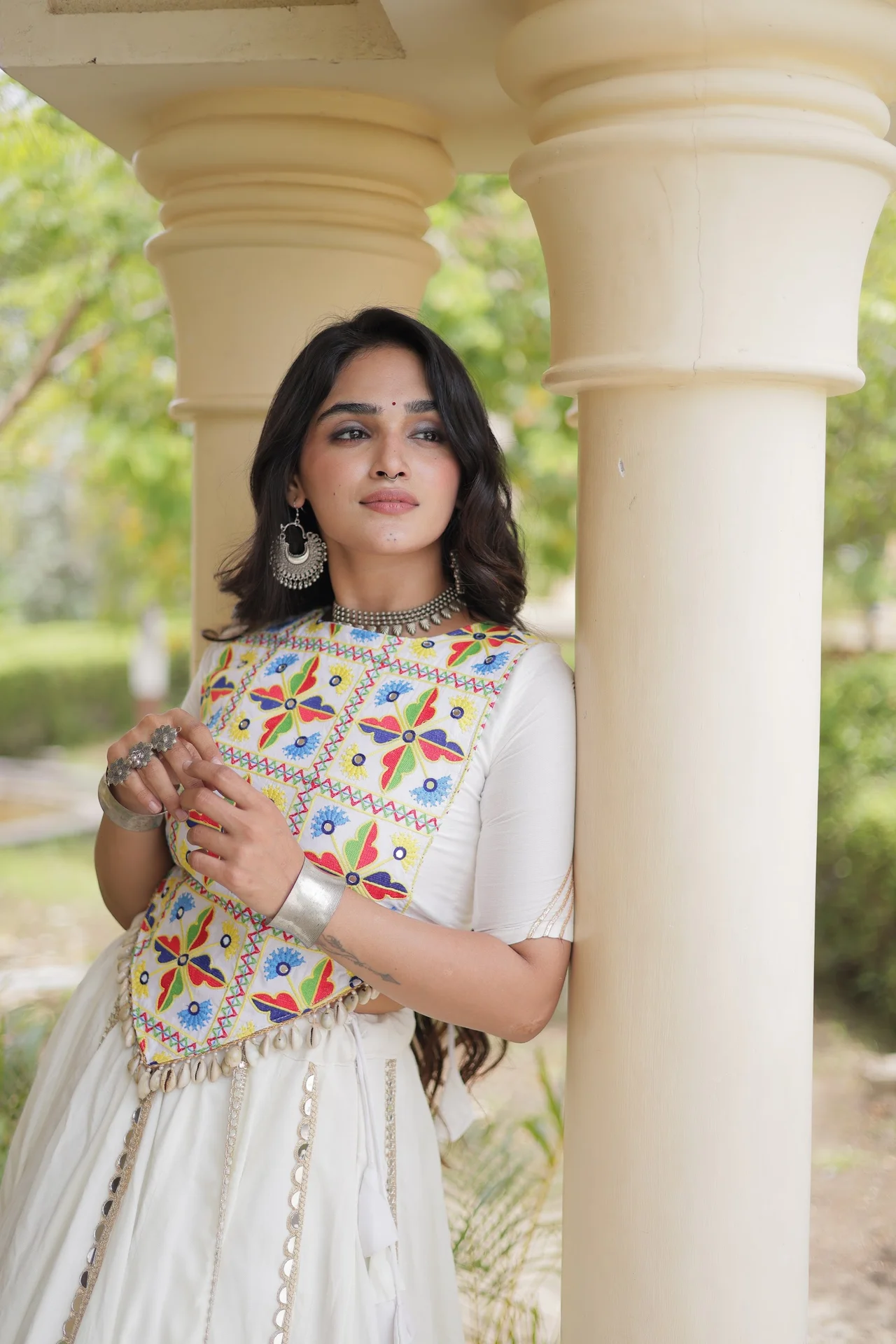 Women's Rayon Lehenga Choli with Kutchi Embroidered Blouse in White — photo 3 of 7