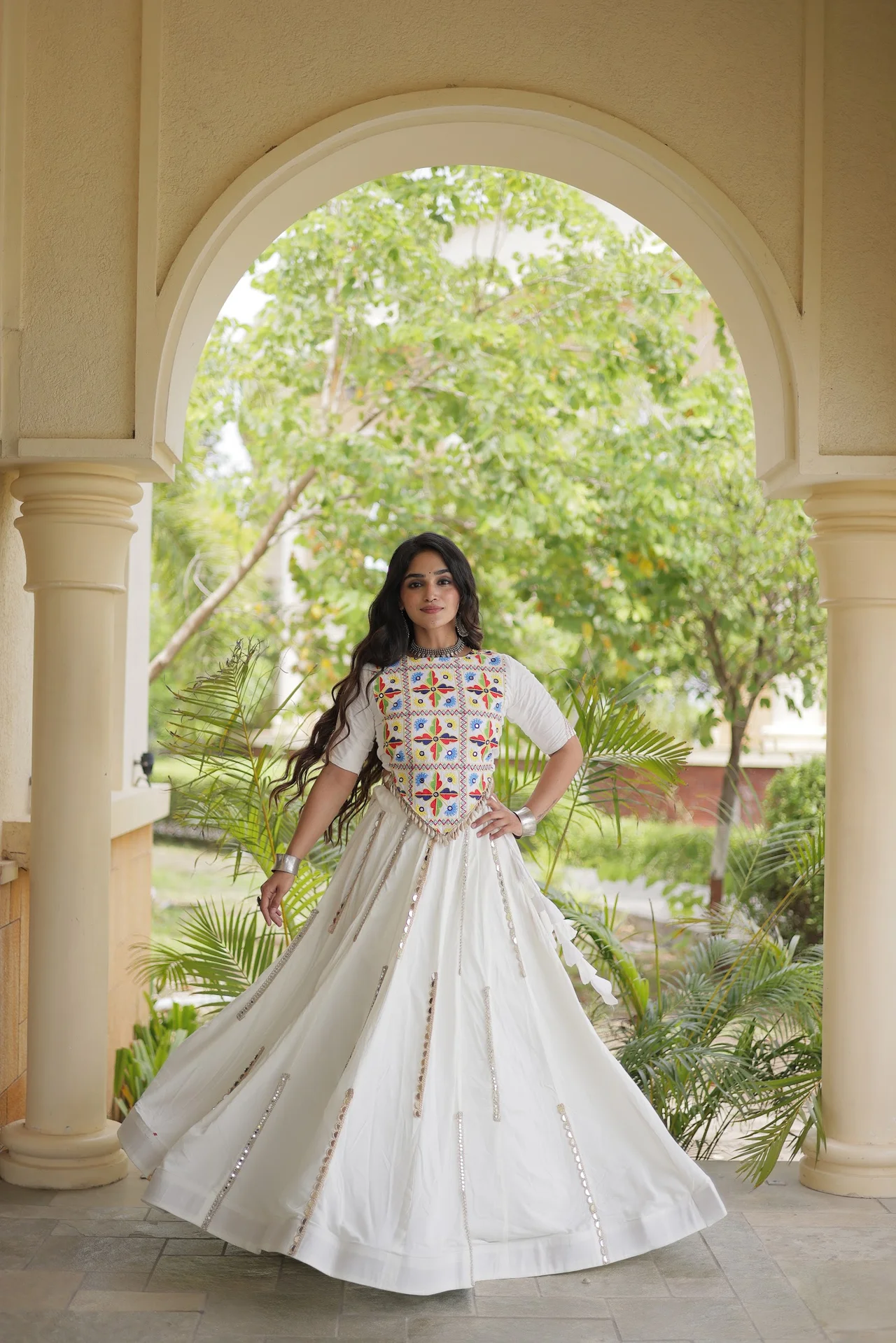 Women's Rayon Lehenga Choli with Kutchi Embroidered Blouse in White — photo 4 of 7