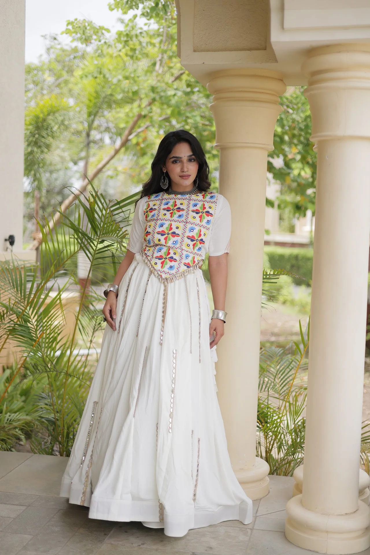 Women's Rayon Lehenga Choli with Kutchi Embroidered Blouse in White — photo 6 of 7