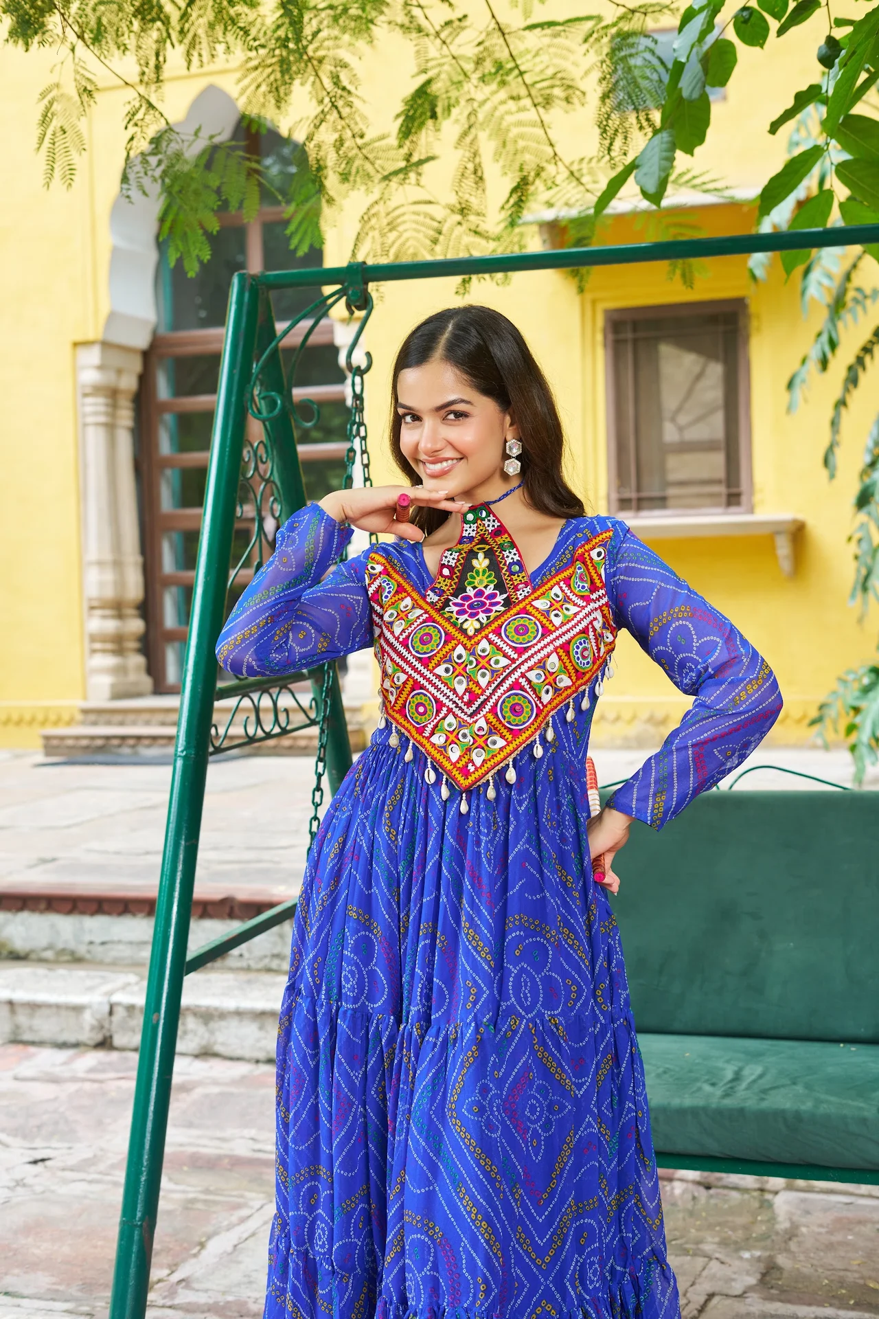 Women's Faux Georgette Bandhani Print Gown with Kutchi Patchwork in Royal Blue — photo 2 of 6