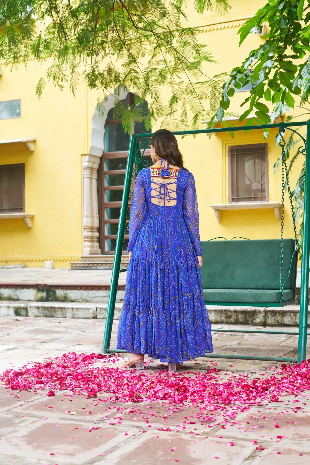 Women's Faux Georgette Bandhani Print Gown with Kutchi Patchwork in Royal Blue — photo 3 of 6