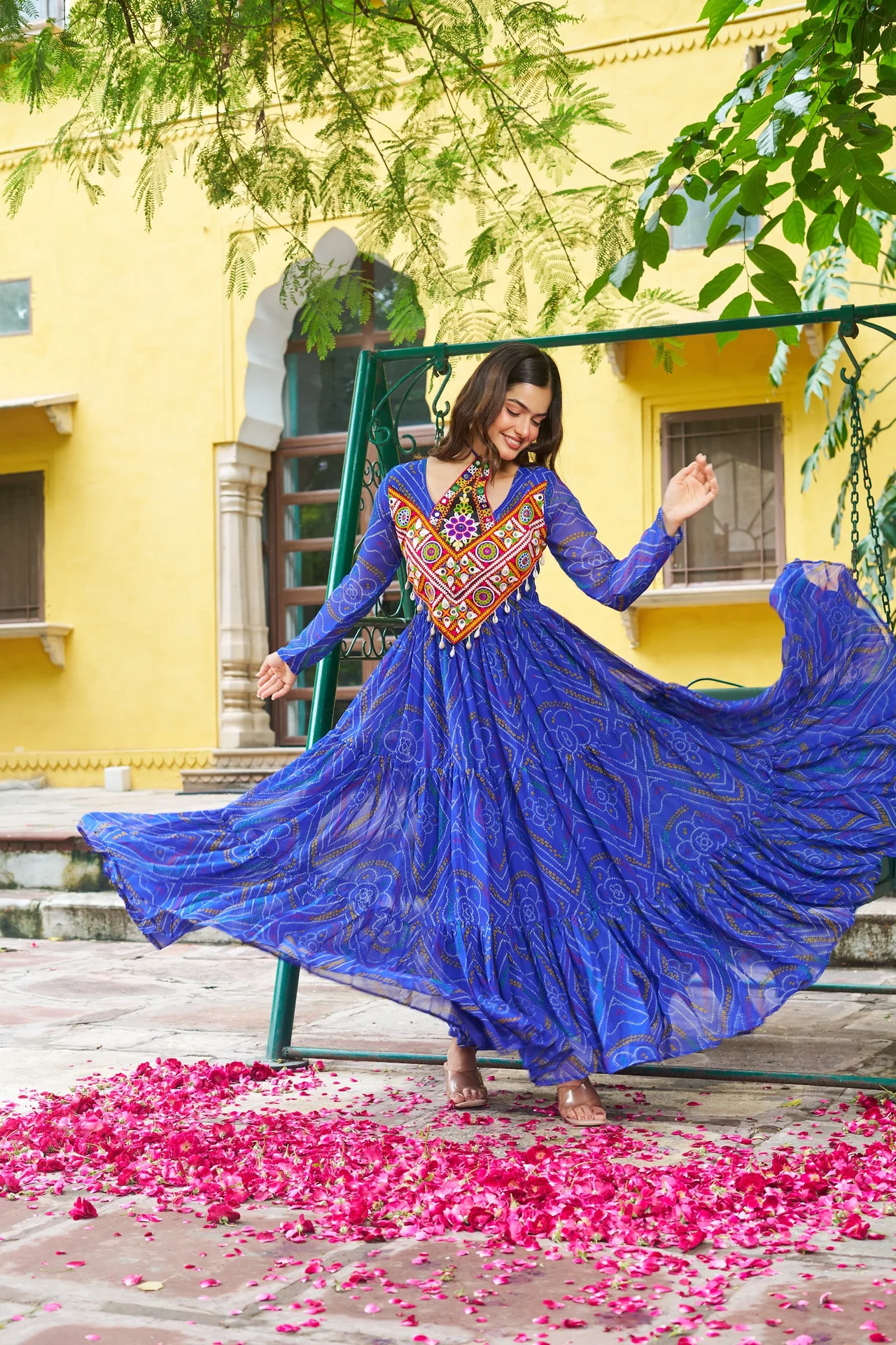 Women's Faux Georgette Bandhani Print Gown with Kutchi Patchwork in Royal Blue — photo 4 of 6