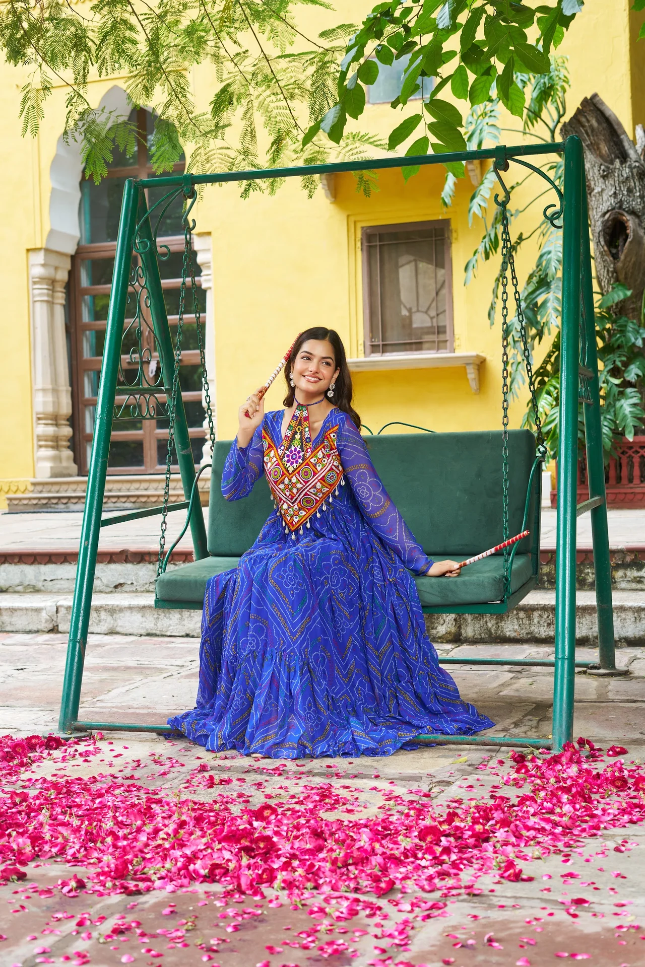 Women's Faux Georgette Bandhani Print Gown with Kutchi Patchwork in Royal Blue — photo 5 of 6