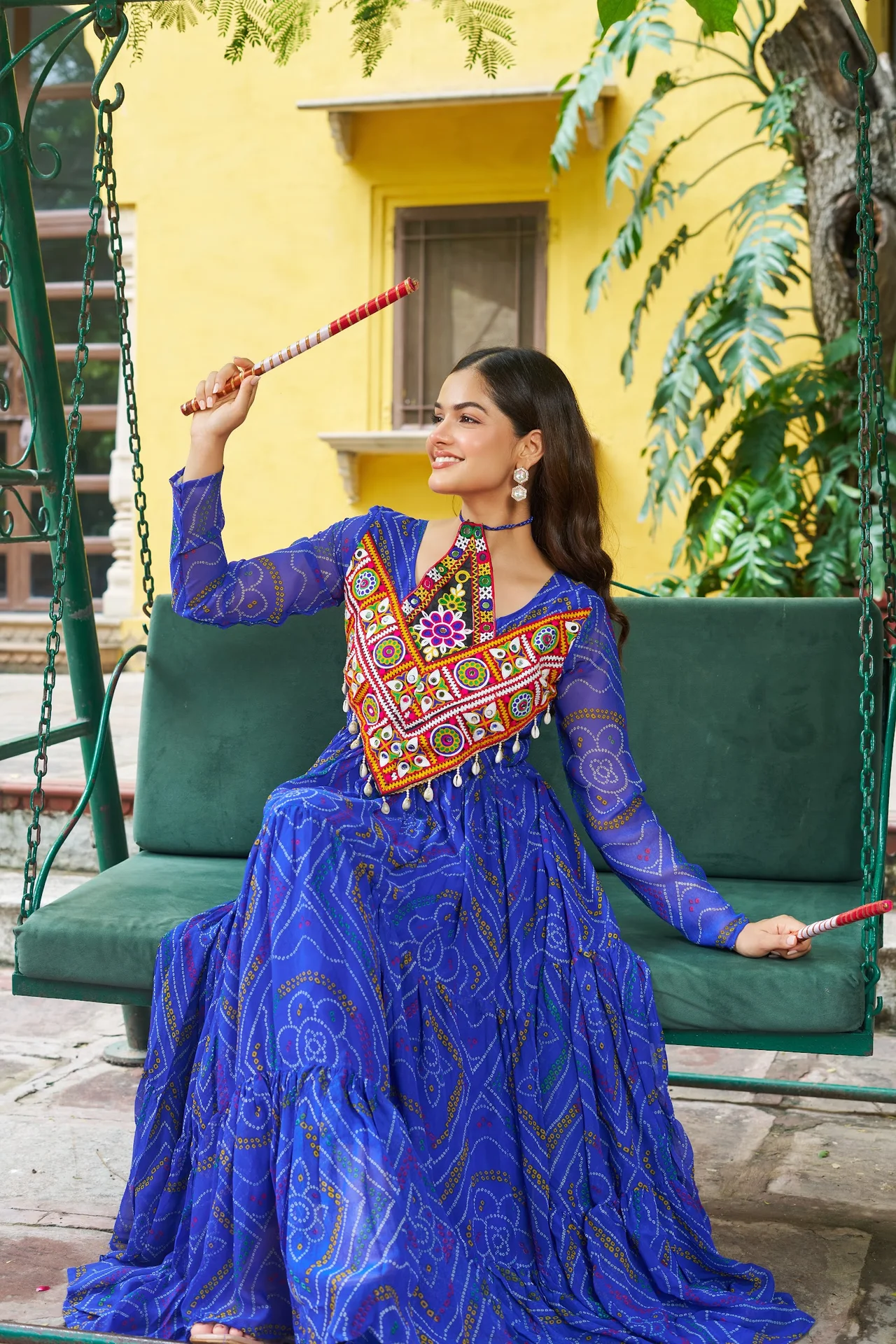 Women's Faux Georgette Bandhani Print Gown with Kutchi Patchwork in Royal Blue — photo 6 of 6