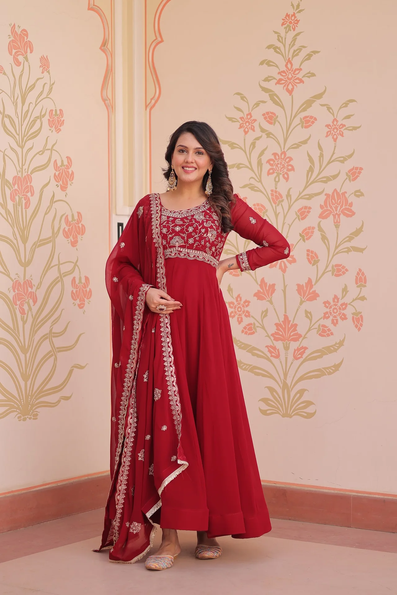 Women's Faux Blooming Gown with Dupatta in Maroon — photo 2 of 5
