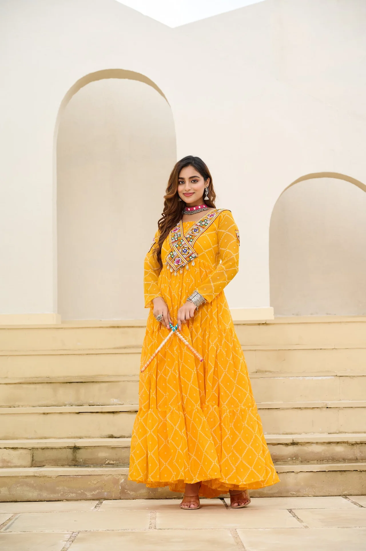Women's Faux Georgette Bandhani Print Gown with Kutchi Patchwork in Mustard — photo 3 of 4
