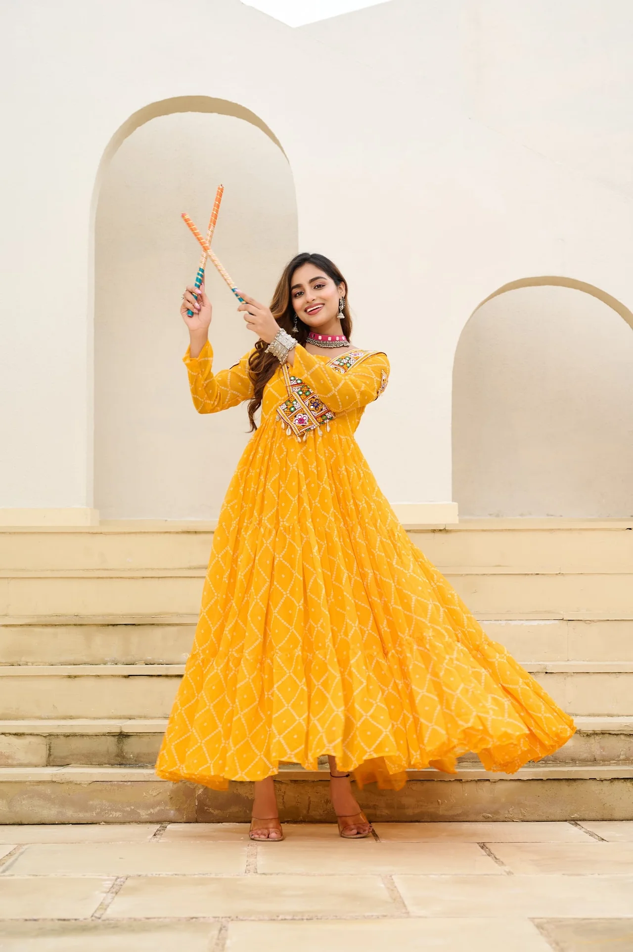 Women's Faux Georgette Bandhani Print Gown with Kutchi Patchwork in Mustard — photo 4 of 4