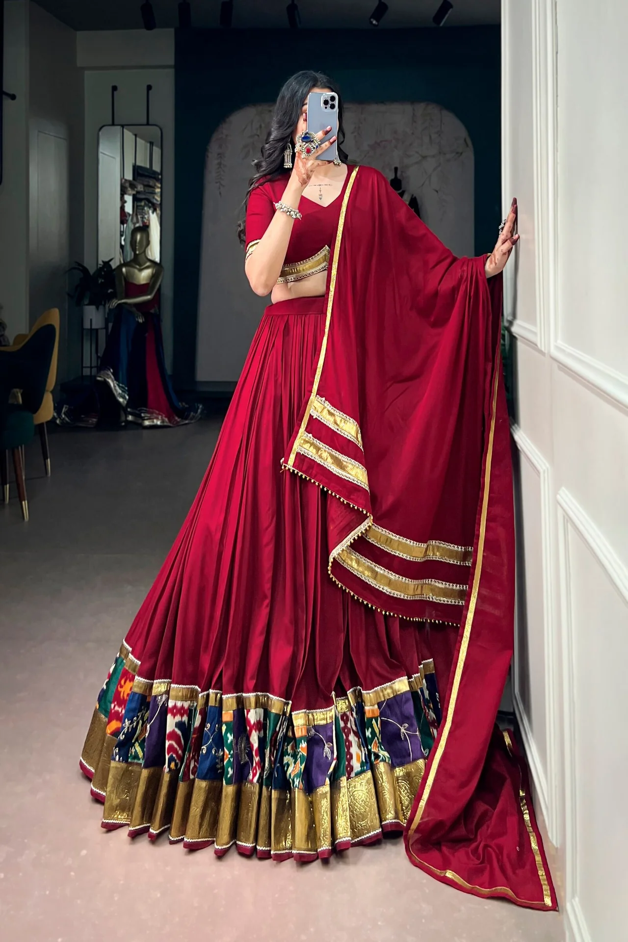 Navratri 2026 Multicolour Printed Rayon Lehenga Choli with Mal Cotton Dupatta in Red — photo 2 of 7