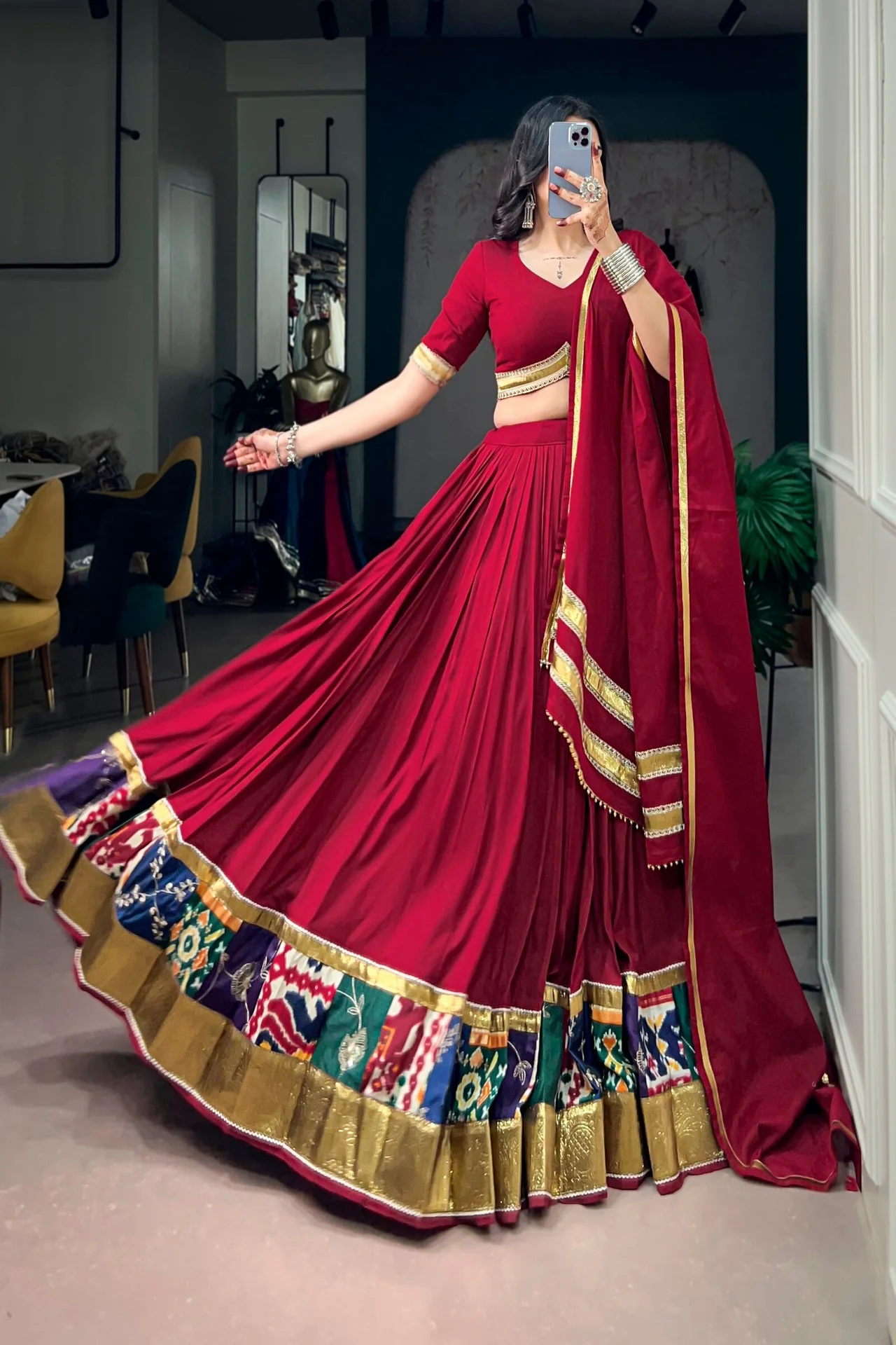 Navratri 2026 Multicolour Printed Rayon Lehenga Choli with Mal Cotton Dupatta in Red — photo 4 of 7