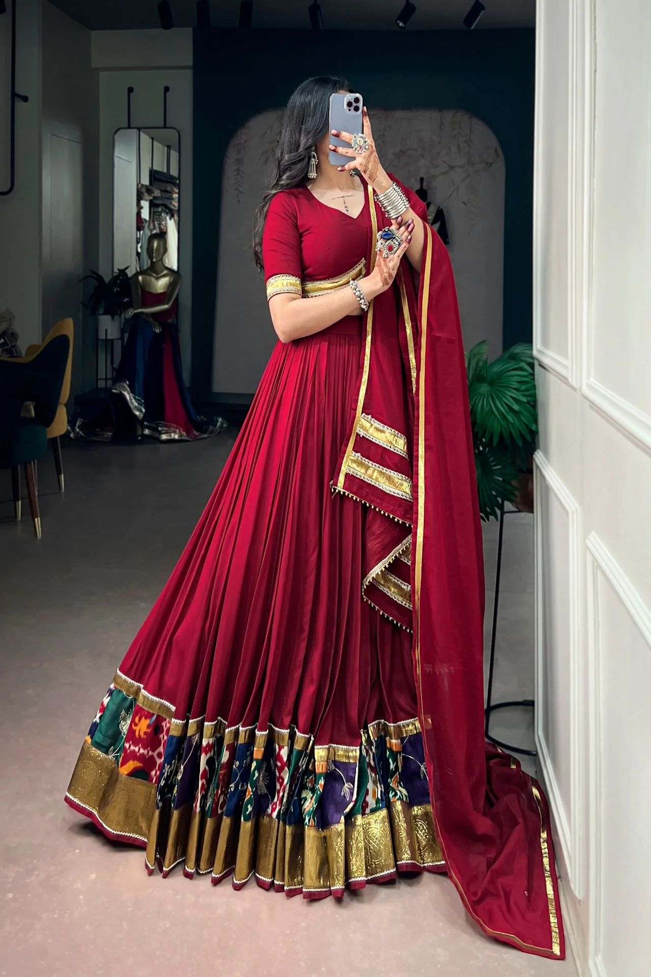 Navratri 2026 Multicolour Printed Rayon Lehenga Choli with Mal Cotton Dupatta in Red — photo 5 of 7