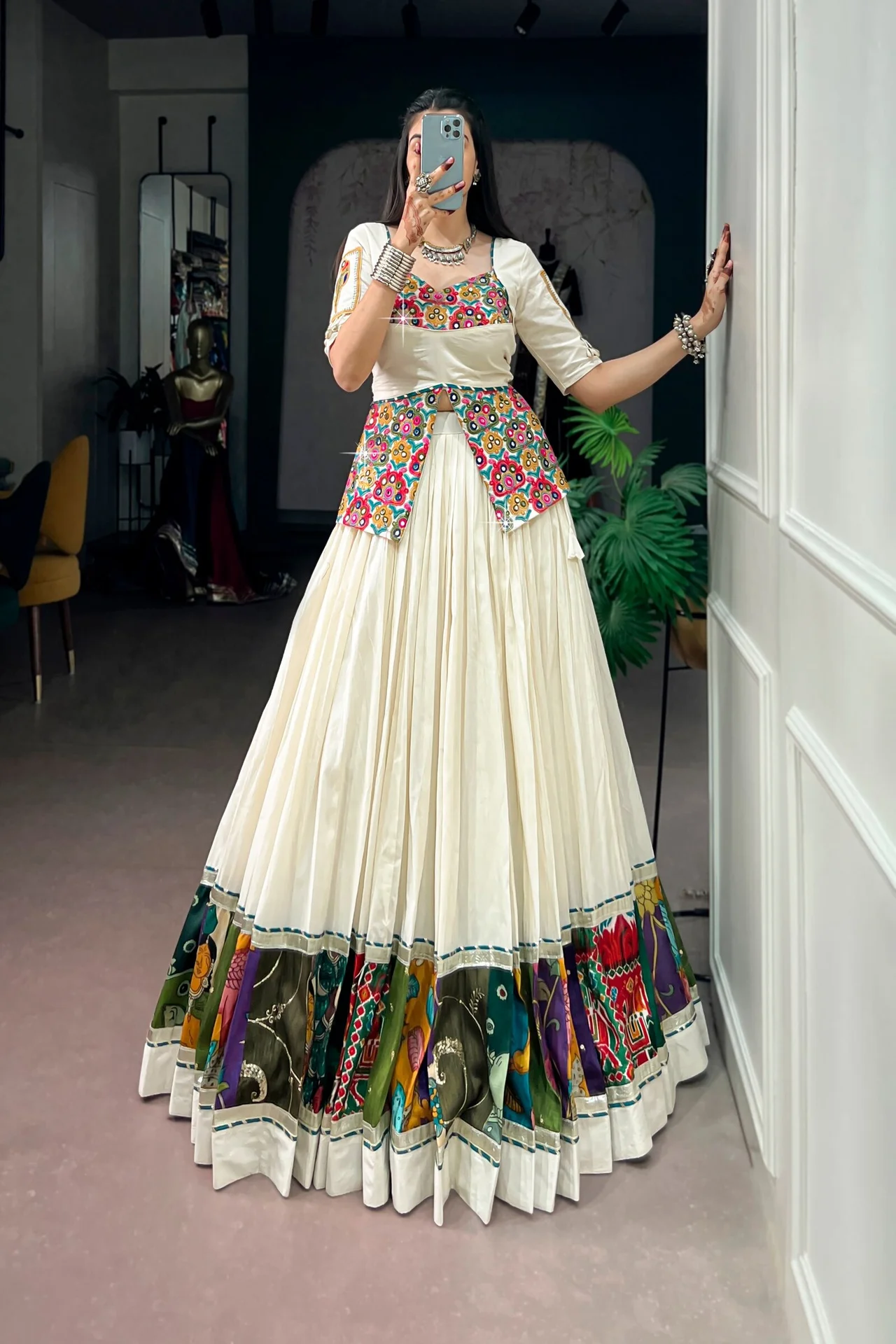 Women's Khadi Cotton Lehenga Choli with Multicolor Panel Border & Gamthi Work Blouse in Off White — photo 2 of 7