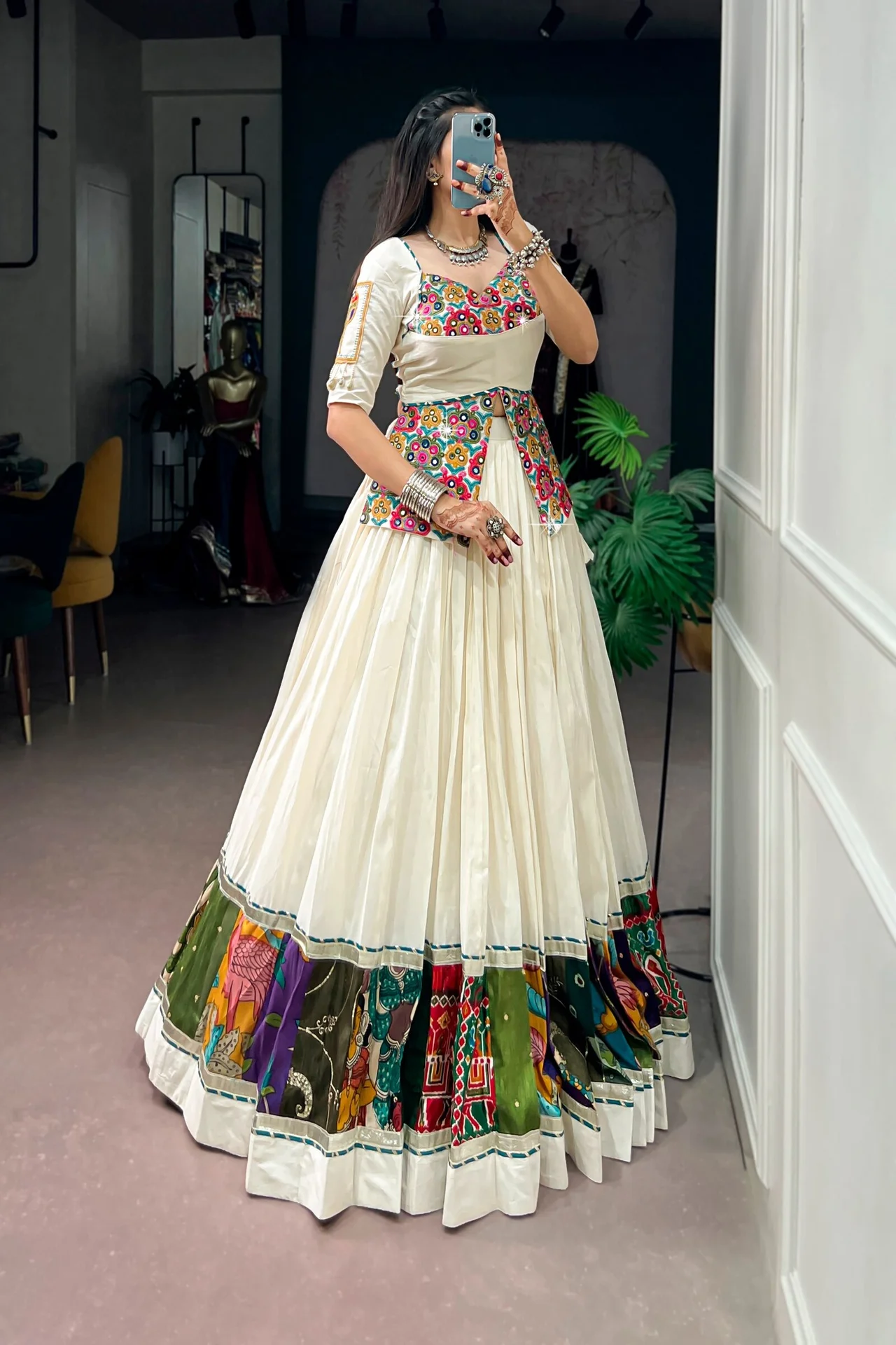 Women's Khadi Cotton Lehenga Choli with Multicolor Panel Border & Gamthi Work Blouse in Off White — photo 3 of 7