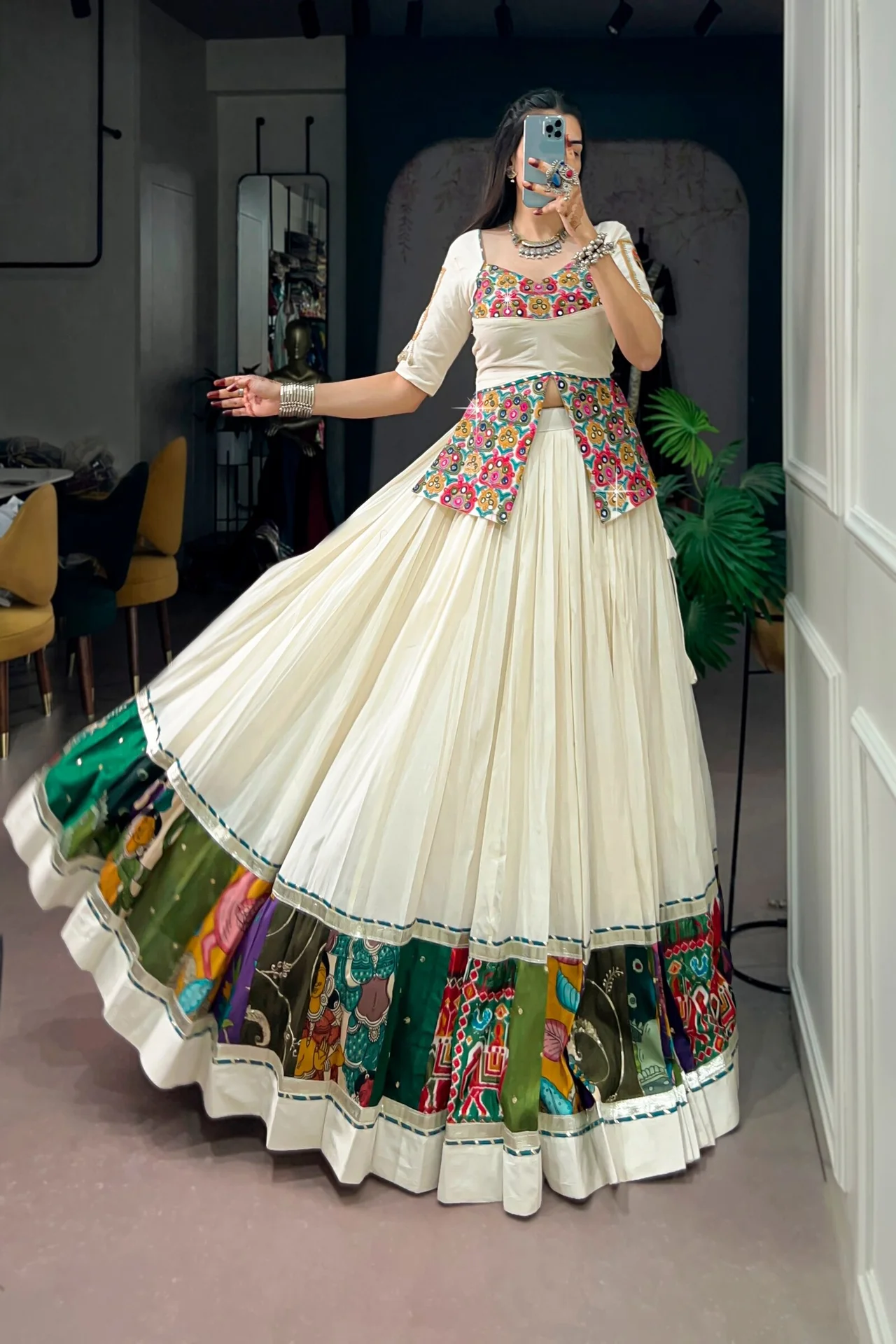 Women's Khadi Cotton Lehenga Choli with Multicolor Panel Border & Gamthi Work Blouse in Off White — photo 4 of 7
